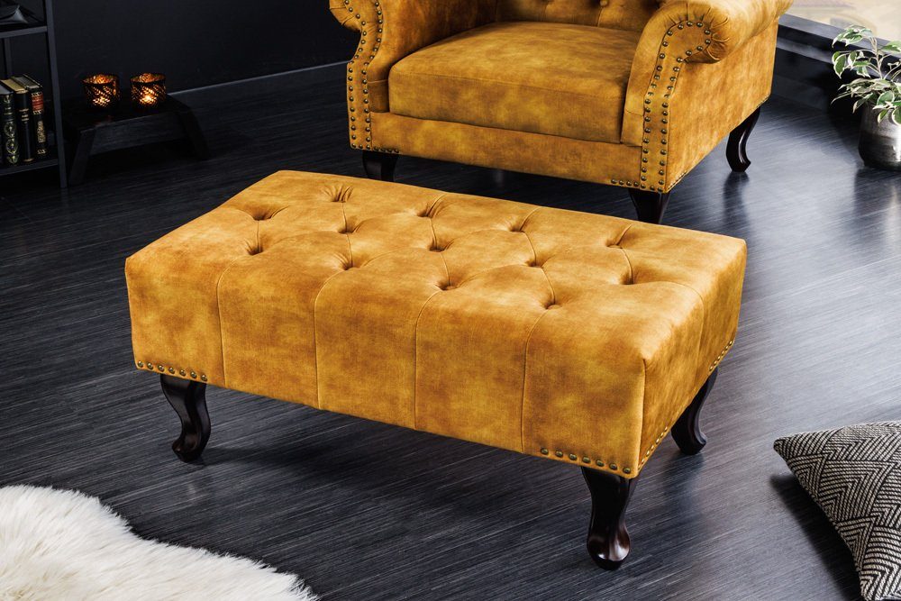 riess-ambiente Fußhocker CHESTERFIELD 80cm senfgelb / dunkelbraun (Einzelartikel, 1 St), Wohnzimmer · Samt · Wellenunterfederung · Chesterfield Design