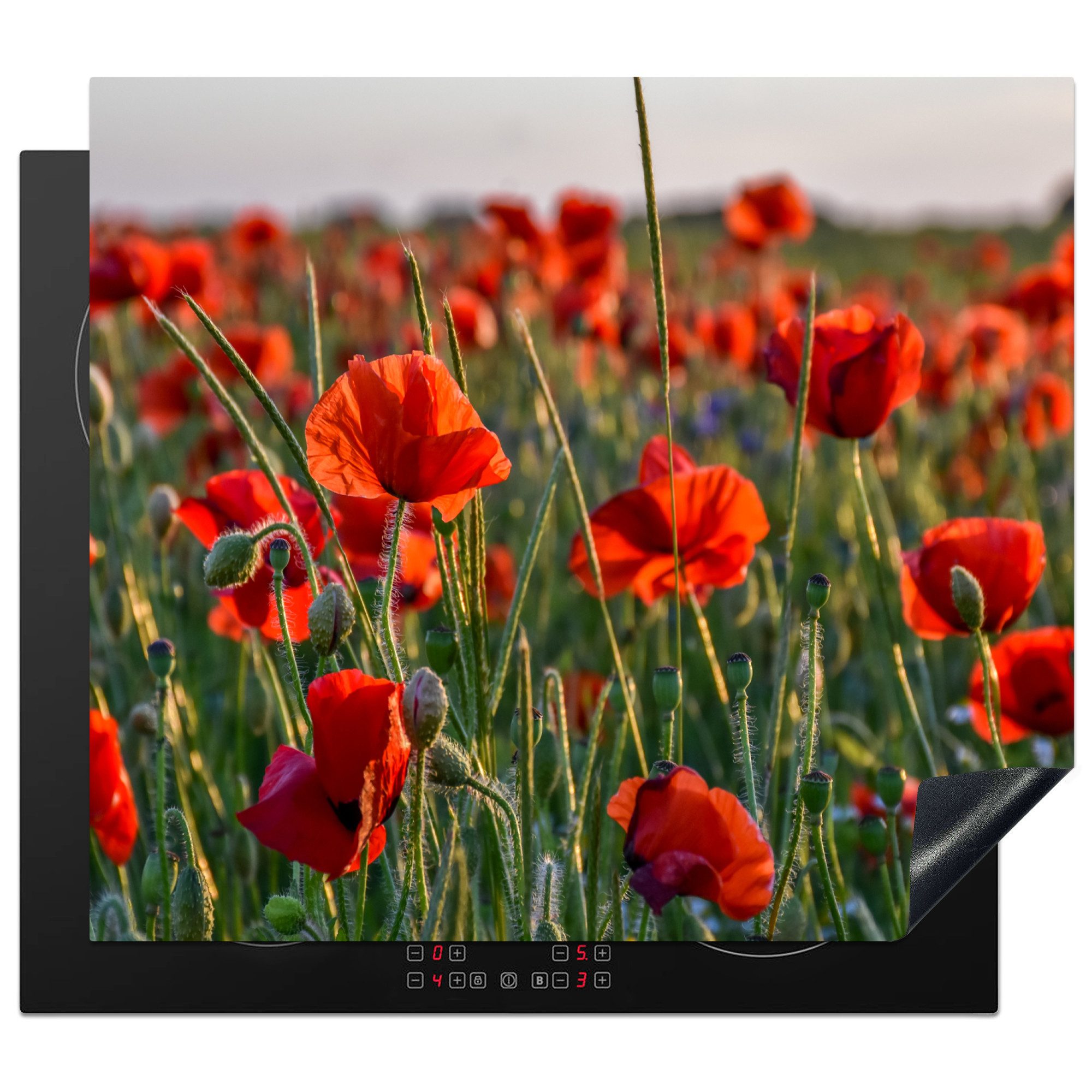 MuchoWow Herd-Abdeckplatte Mohnblumen - Rot - Grün - Blumen, Vinyl, (1 tlg), Ceranfeldabdeckung Küche, Herdabdeckplatte Einteilig, 60x52 cm