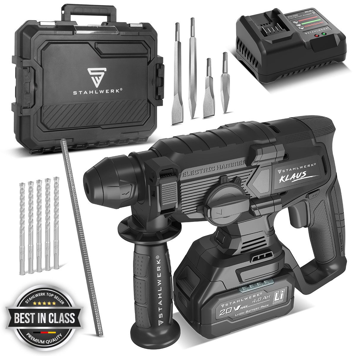 STAHLWERK Akku-Bohrhammer 20V Akku-Bohrhammer KLAUS 24mm Schlagbohrer Meißelhammer Brushless