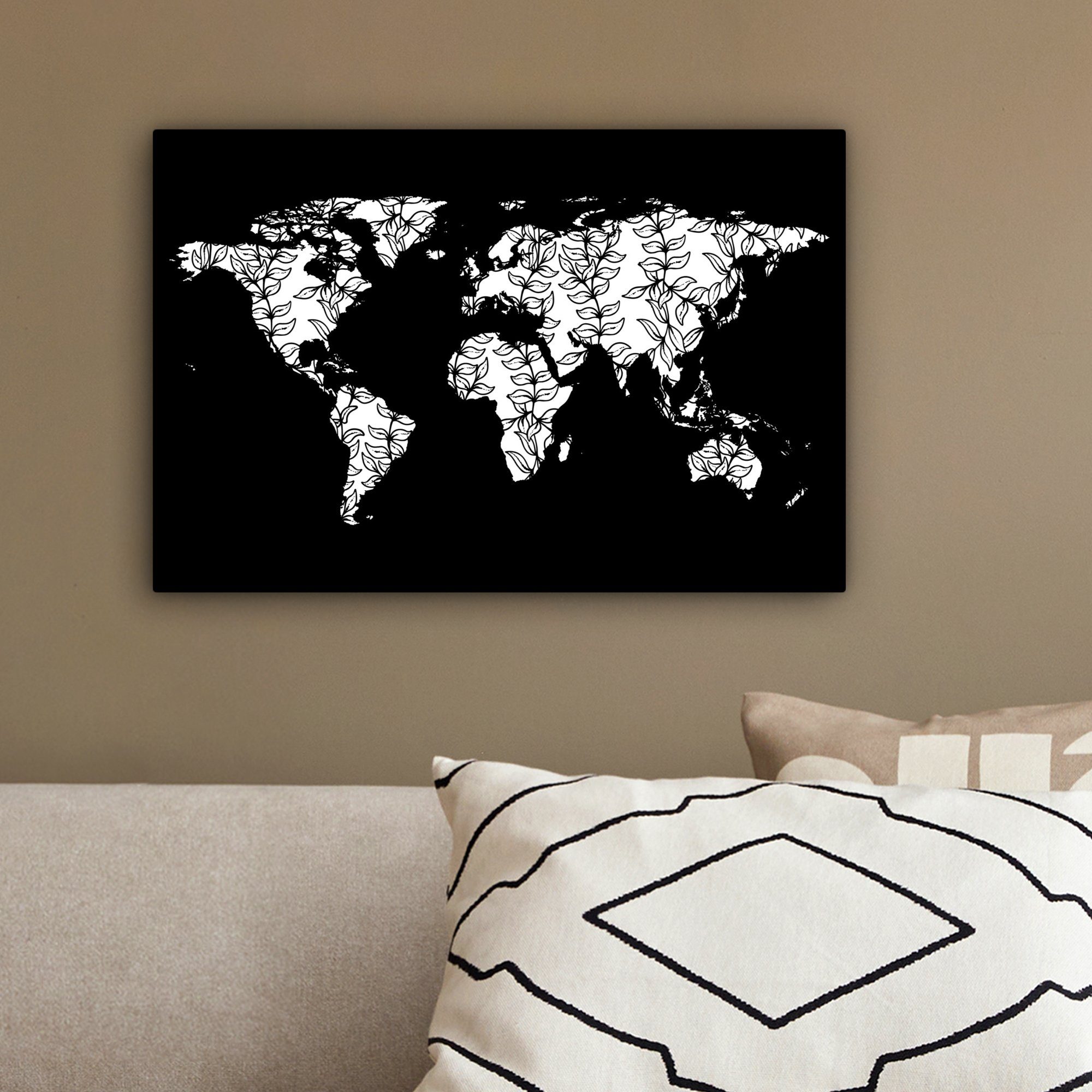 - cm Wandbild - Weltkarte OneMillionCanvasses® 30x20 Schwarz St), Aufhängefertig, (1 Leinwandbild Leinwandbilder, Blätter, Wanddeko, Weiß -