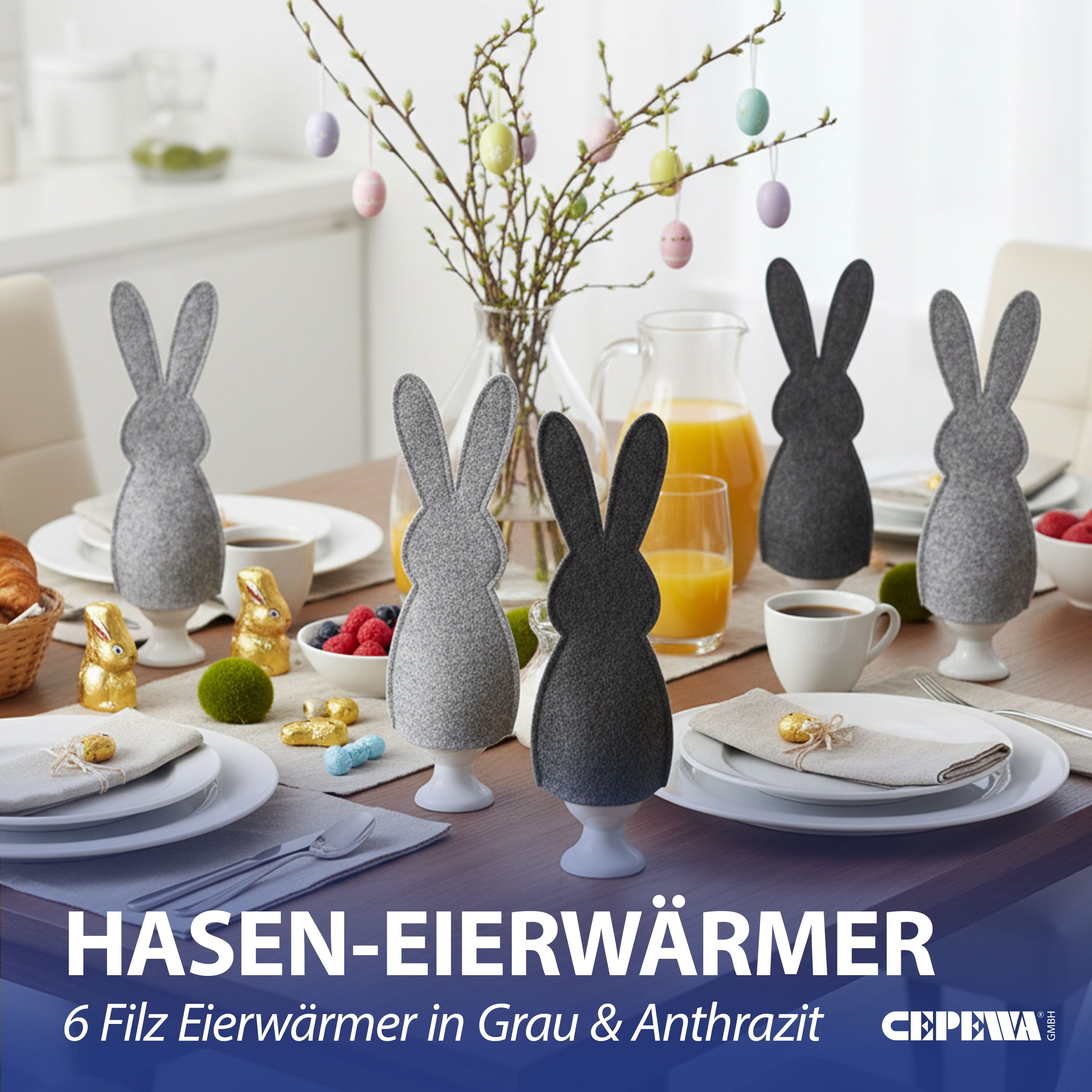 CEPEWA Eierbecher Eierwärmer Hase 6er Set Polyesterfilz grau anthrazit 10,5x23cm Ostern