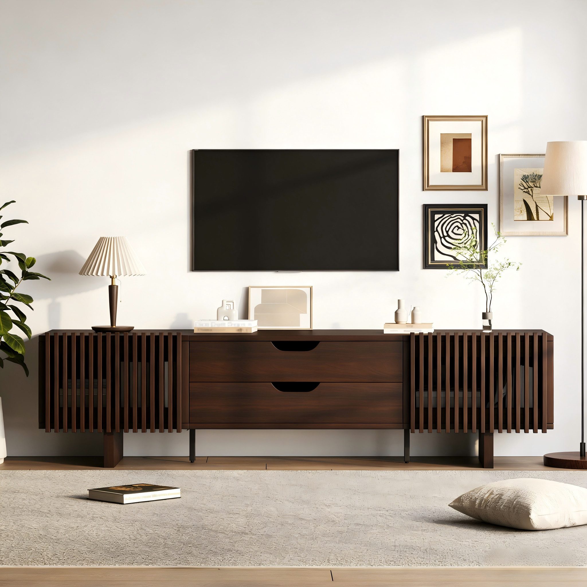 OKWISH TV-Schrank Fernsehschrank 180x45x40 cm in Nussbaum dunkel (Packung, 1-St., Mit zwei Schubladen & einzigartigen Schranktüren) Für TV bis 75 Zoll, Lowboard fürs Wohnzimmer