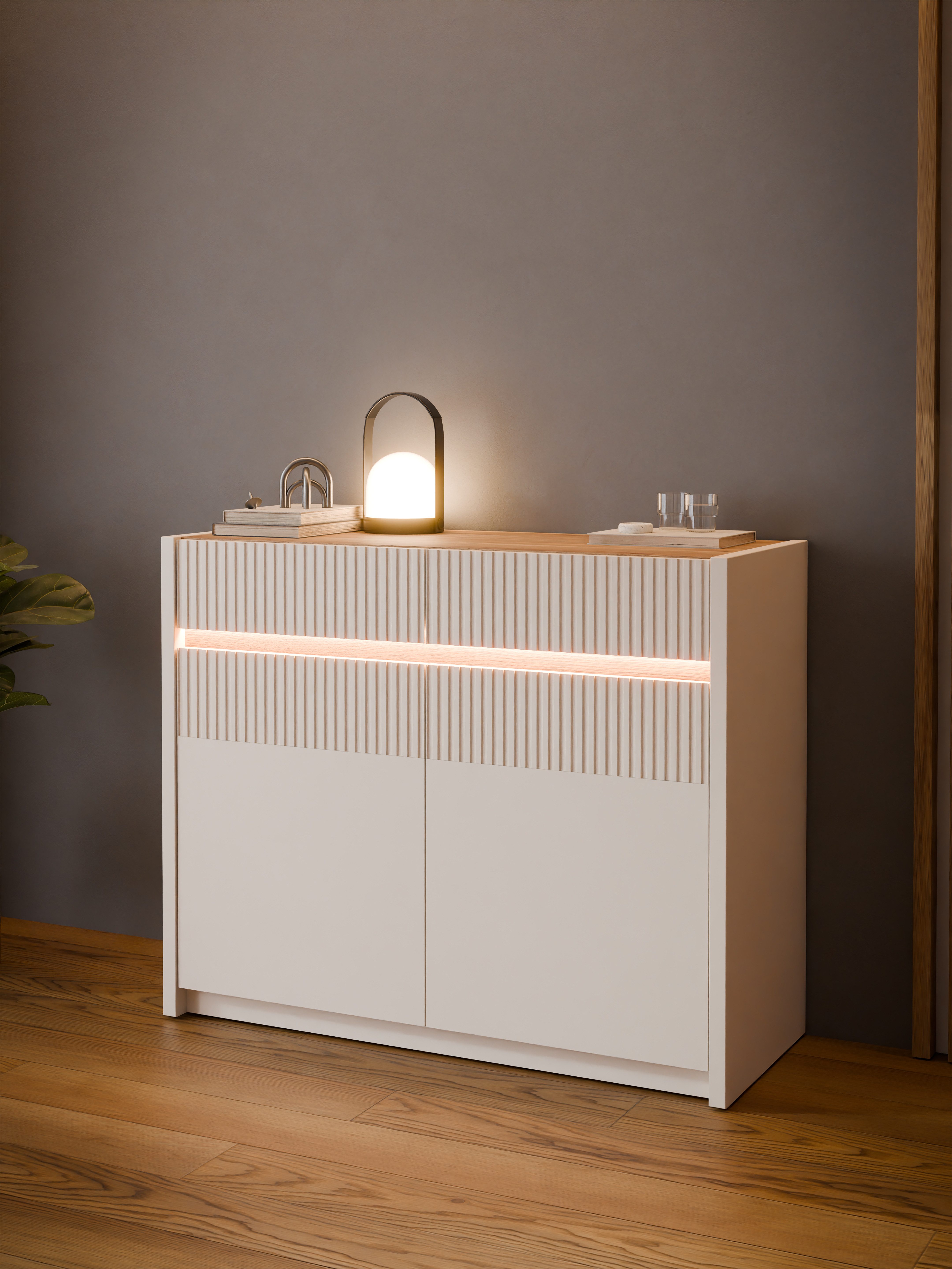 FORTE Kommode Oak Squere Kommode, SK Vollauszug, B/H/T 105,3/85,9/41,5 cm Beleuchtung, Soft Close, Lamellenoptik