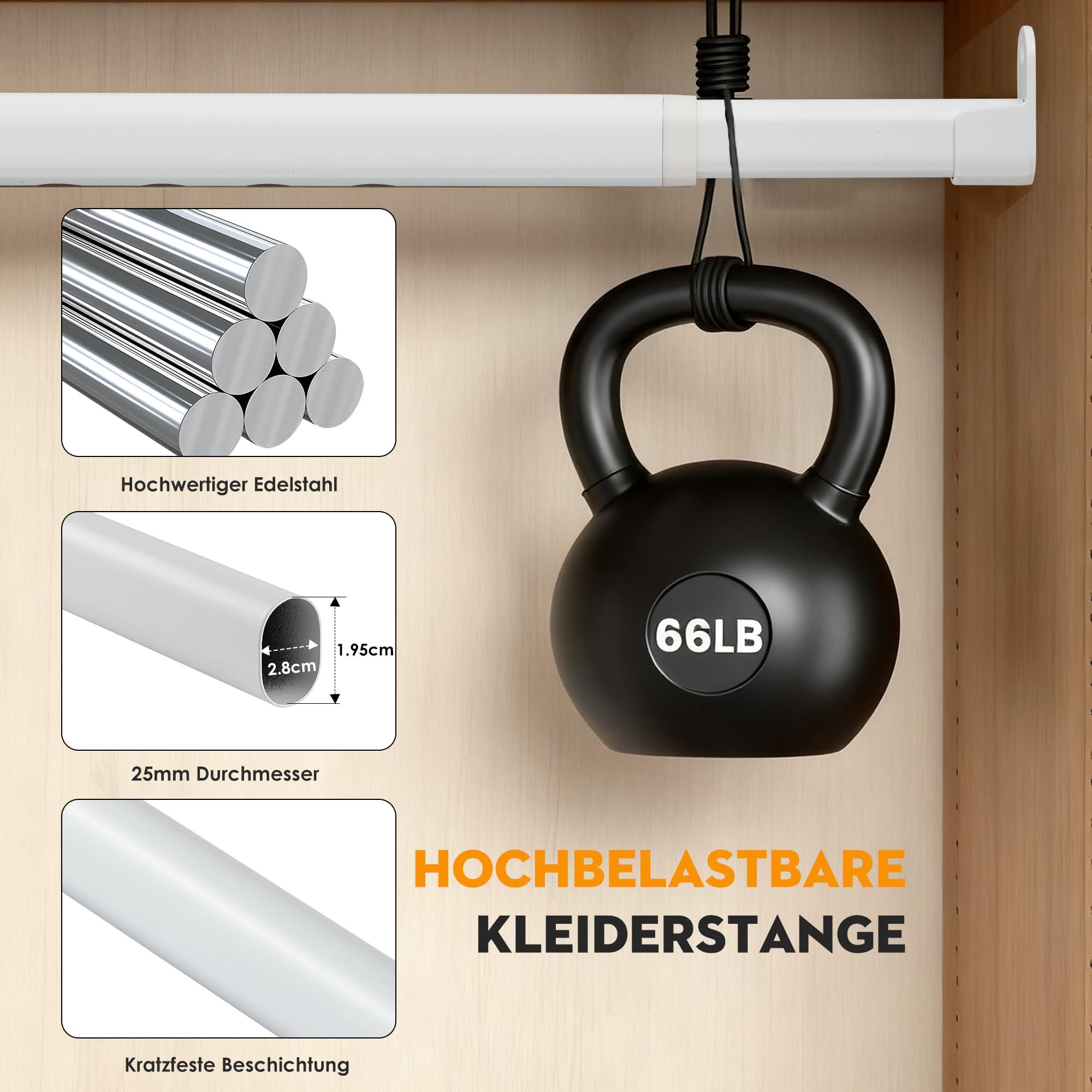 Agger Garderobenstange Kleiderstange für Schrank, Oval, Garderobenstange Wand Ausziehbar, 25mm mit 2 Halterung, für Kleiderschrank, Fenster,Verschiedene Größen