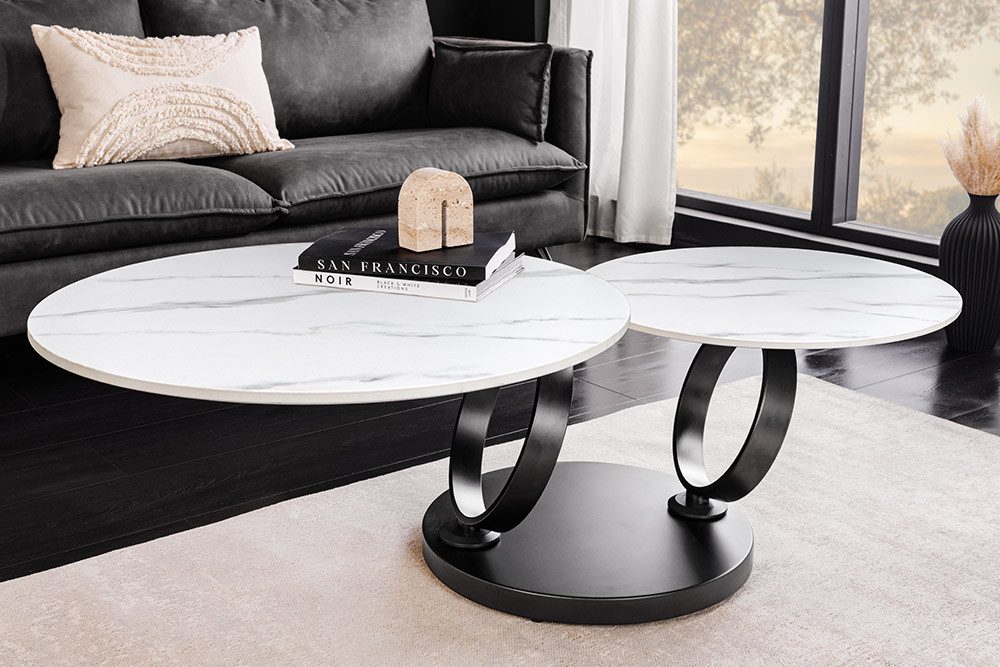 riess-ambiente Couchtisch DANCING RINGS weiß/schwarz - rund, Marmor-Design, Keramik, drehbar (Einzelartikel, 1-St), mit 2 Ebenen & Drehmechanismus – ideal für W – Bild 4 von 5