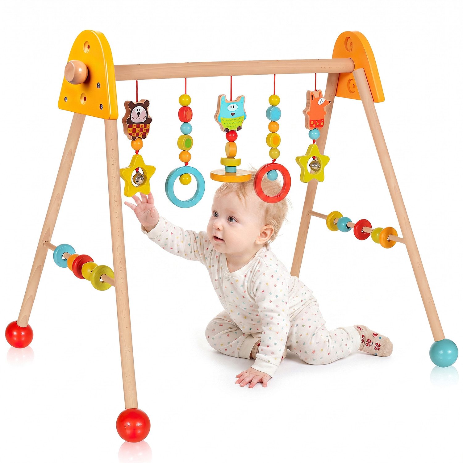 HEYHIPPO Baby Gym Baby-Spielbogen aus Holz –Montessori, mit Hängespielzeug, 56×48×55,5cm, (Einzelpackung, Baby-Aktivitätszentrum mit Hängespielzeug, Einstellbare Höhe), Gymnastikrahmen für Babys ab 36 Monaten – für Motorik & Sinne