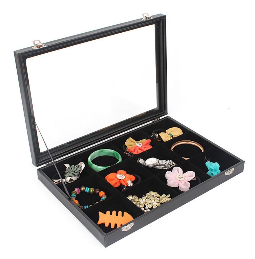 Sinoba Schmuckkasten Schmucklade Schmuckkästchen Schmuckbox für Ringe Ketten Ohrringe, Holz-Korpus, Velours-Bezug, mit Echtglas-Deckel – Bild 2 von 4