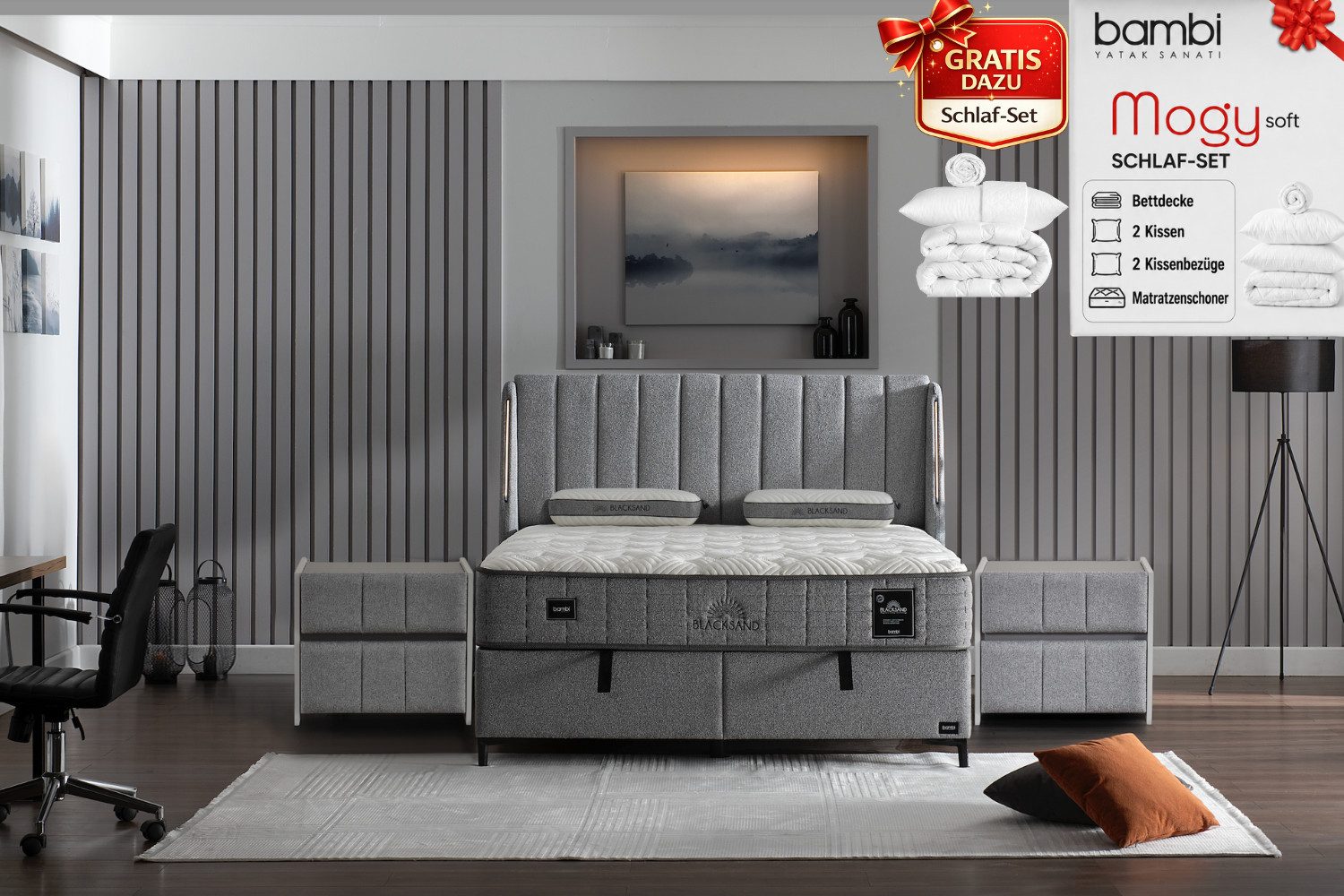 BAMBI YATAK Boxspringbett mit Matratze & Stauraum, Bambi Blacksand, Bett mit/ohne Nachttisch (90x200 cm Bett, 1 x H4 Matratze, 2 x Bettkasten, 1 x Kopfteil mit LED-Beleuchtung), Taschenfederkern Matratze, Bett mit Bettkasten