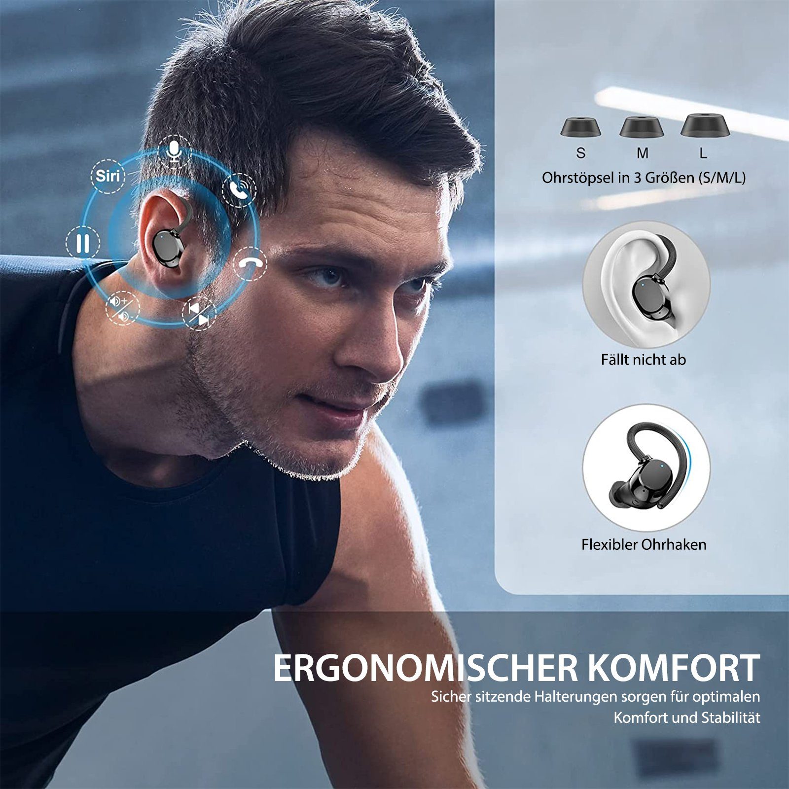 LED-Ladebox, In-Ear-Kopfhörer Kabellos Rauschunterdruckung, Sportkopfhörer, 5.3 ENC Kopfhorer Bluetooth (Immersives Anruf, CVC8.0) HD mit Earbuds mit HIFI-Stereo, Yuede Schwarz Bluetooth Ohrbügeln
