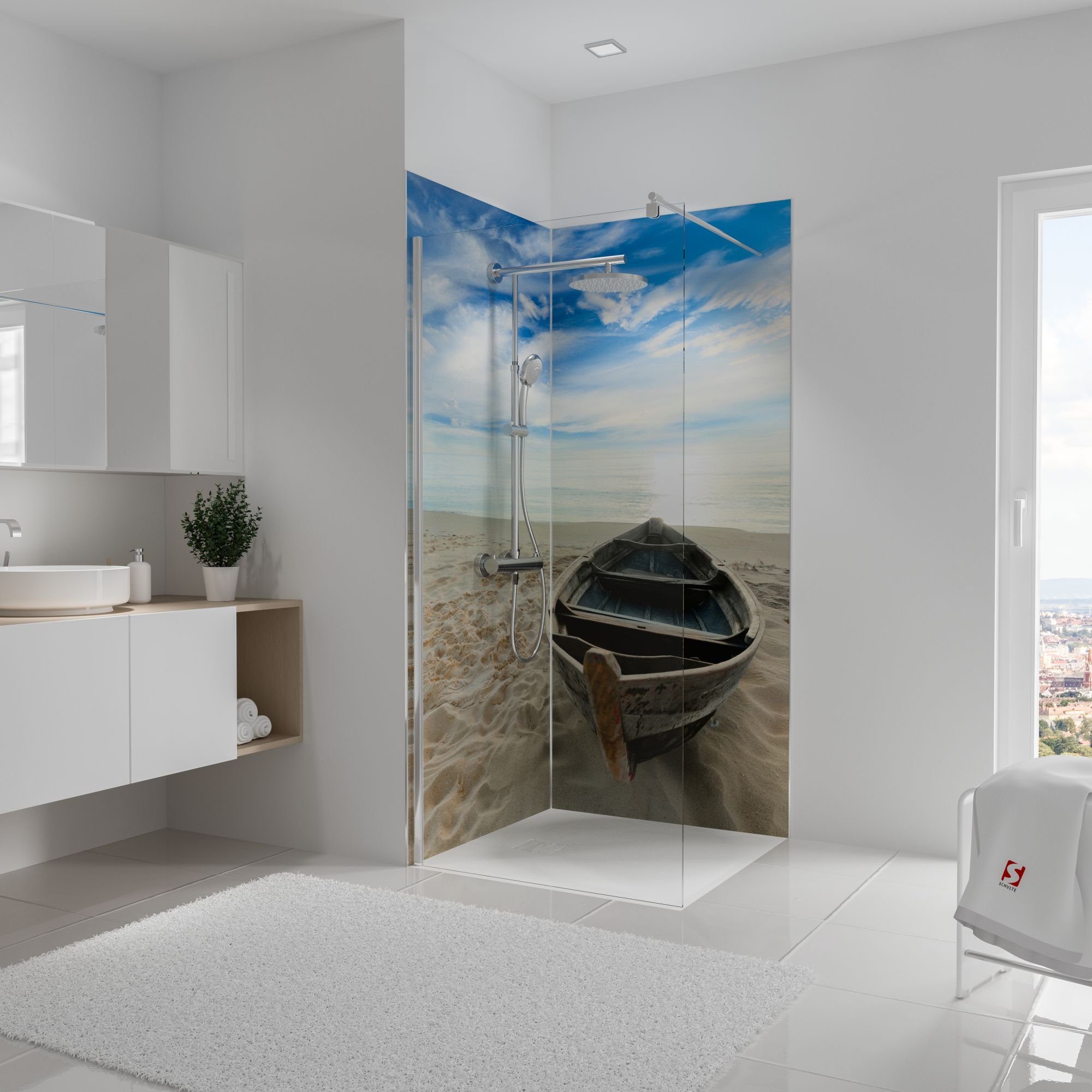 Schulte Badrückwand DecoDesign Foto Motiv Ruderbood am Strand, (Set über Eck, 2 Platten à 90 x 210 cm), Wandverkleidung, Duschrückwand, fugenloser Fliesenersatz