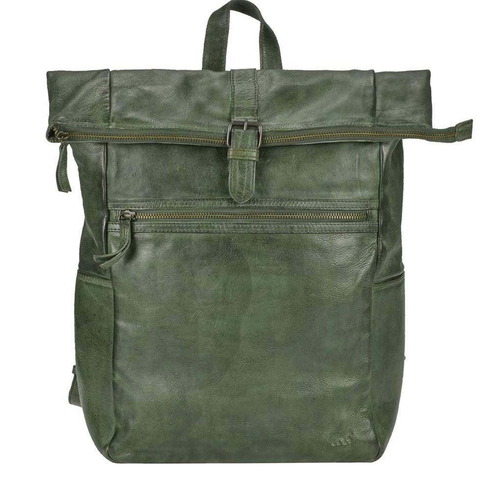 Bear Design Freizeitrucksack "Rick" Cow Lavato Leder Rucksack 27x40cm, Rolltop, Daypack, mit Notebookfach, knautschig weiches Leder in grün