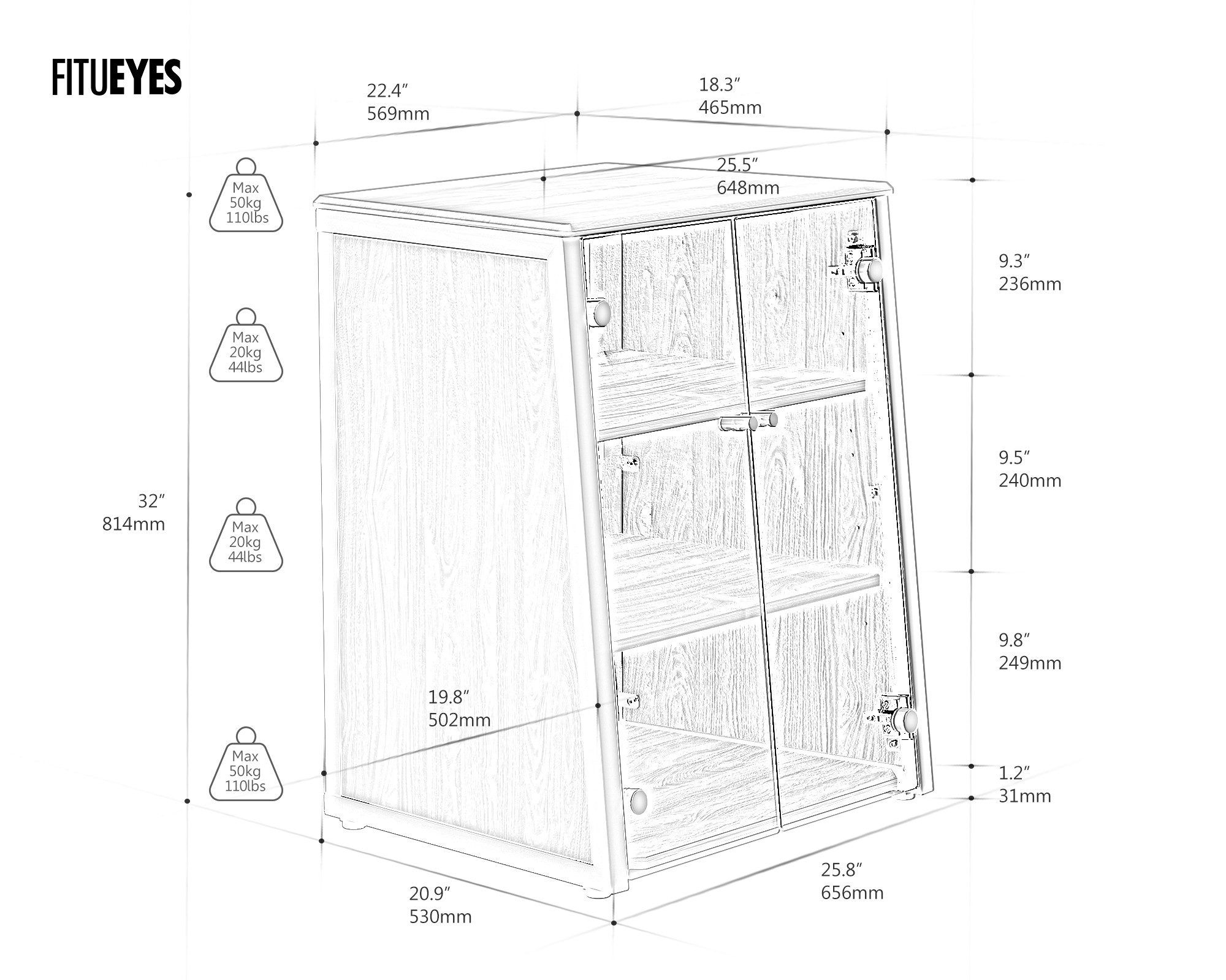 FITUEYES TV-Regal HIFI-Rack mit verstellbaren Einlegeböden, Glastüren, mit belüfteter Metall-Rückwand