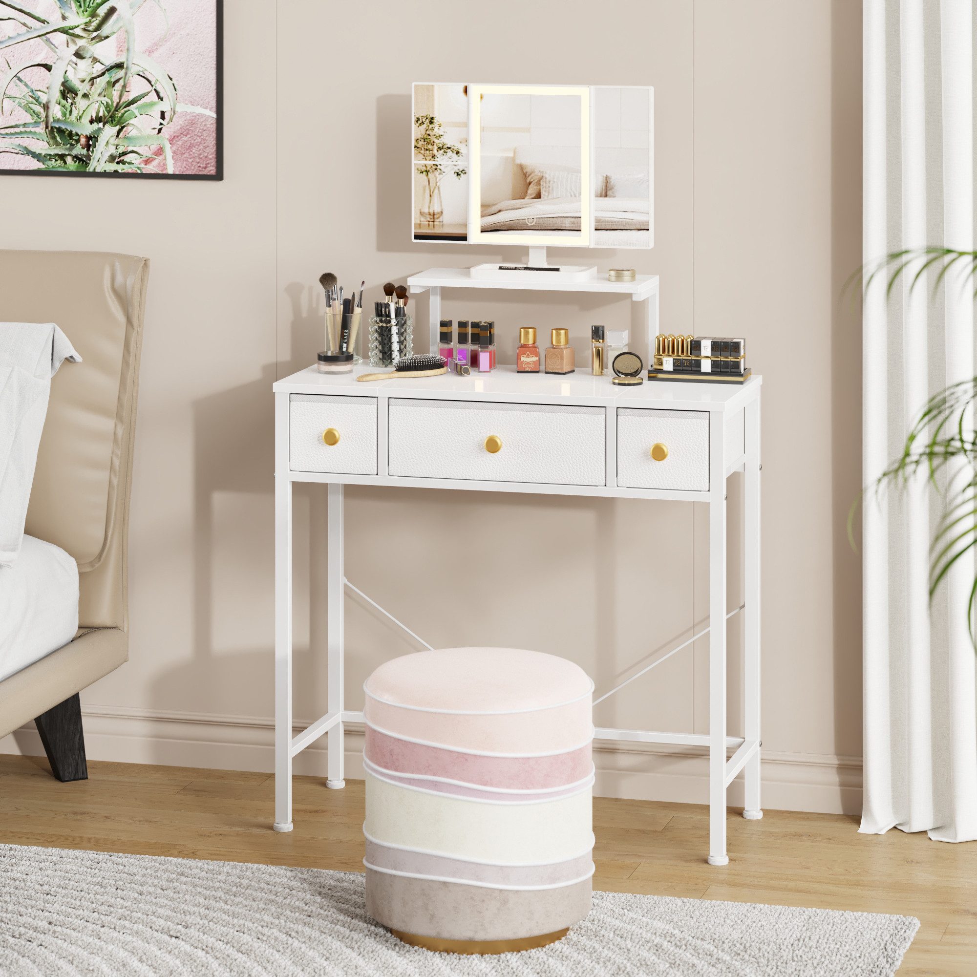 OYRREU Schminktisch inkl. 3-fach Spiegel mit Beleuchtung, Schreibtisch, Beistelltisch weiß (Schminkkommode 1-St), Kosmetiktisch, Stoffschubladen, platzsparend, Kompaktes Design