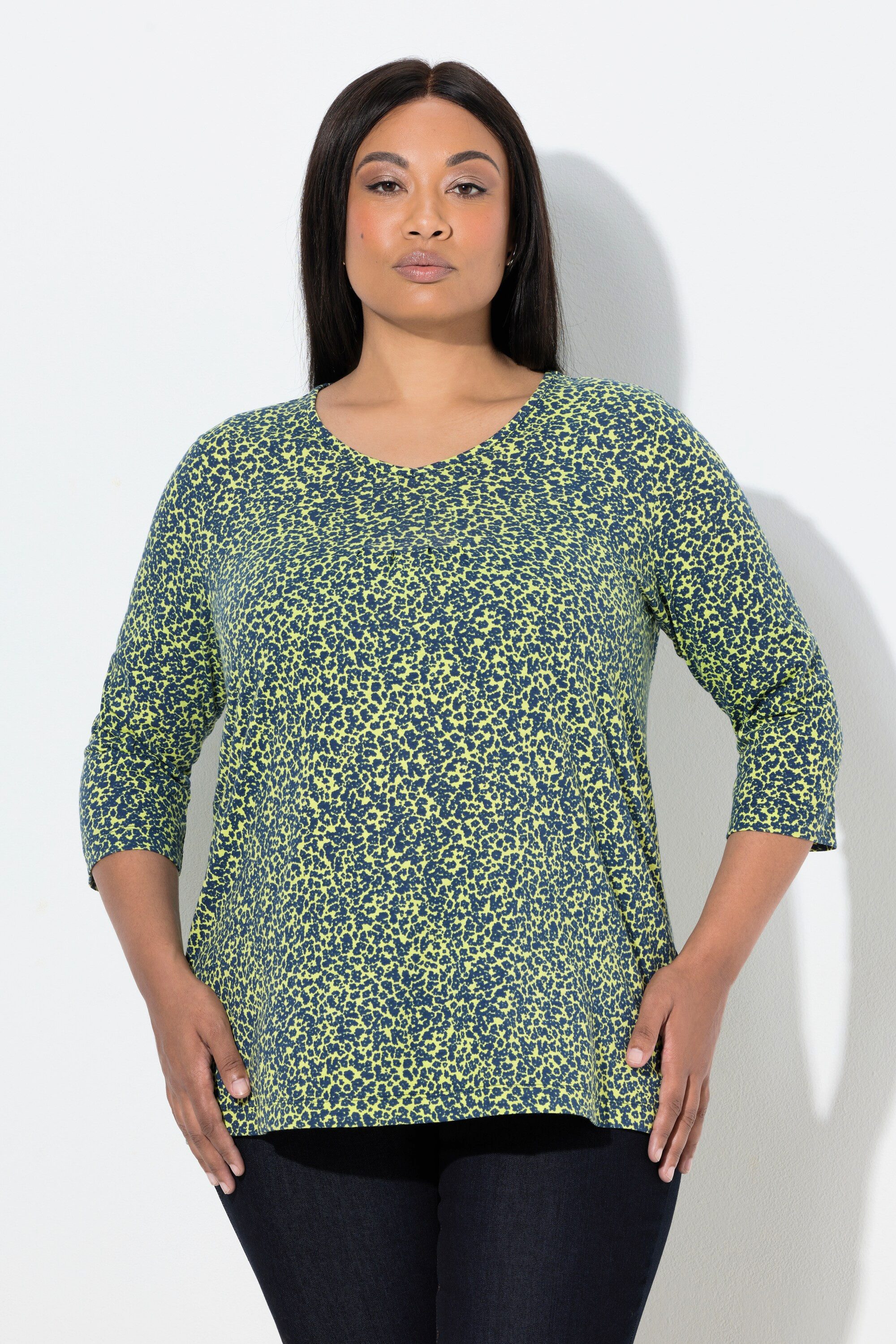 Ulla Popken T-Shirt Shirt Zierfalten A-Linie V-Ausschnitt 3/4-Arm günstig online kaufen