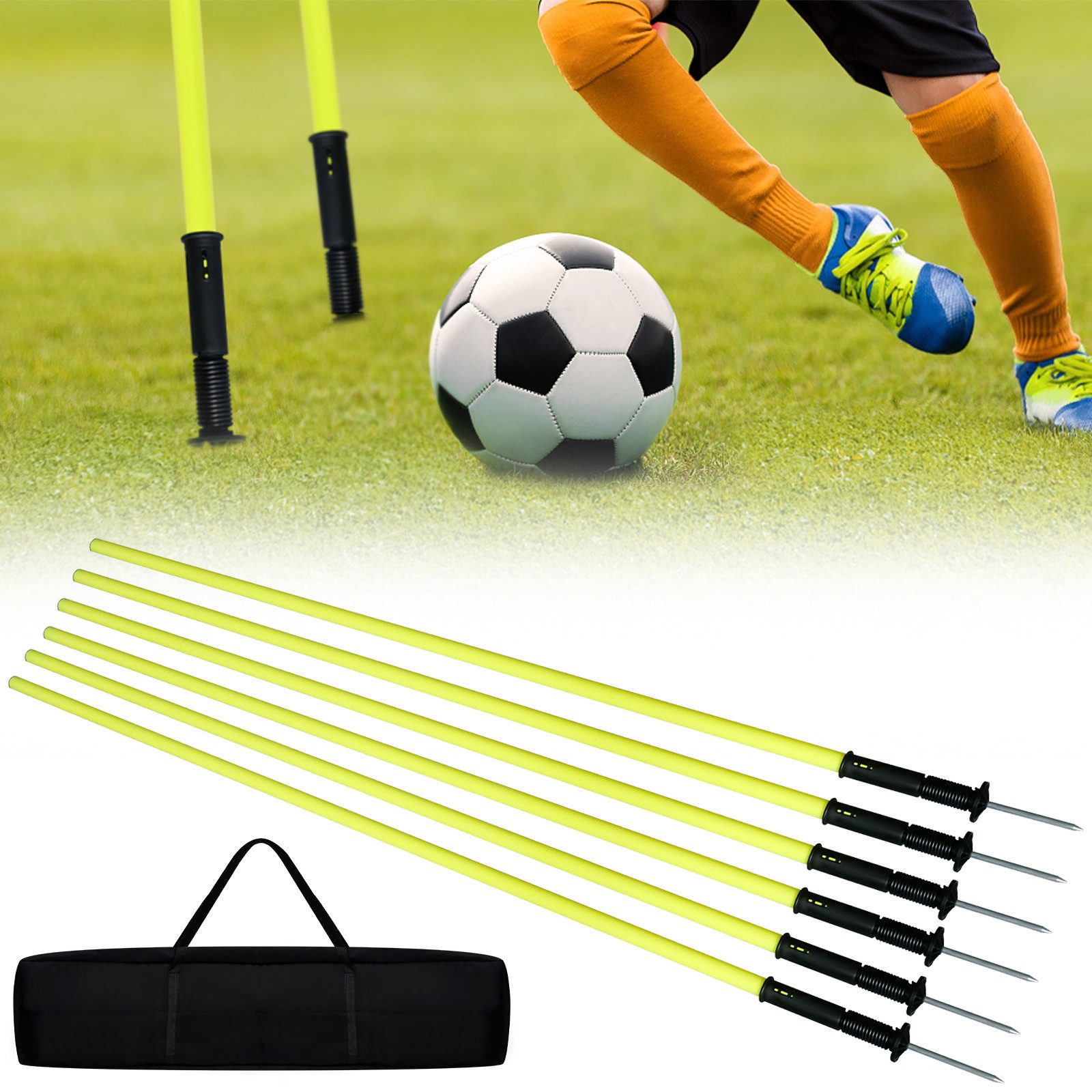 FIVMEN Trainingshilfe Agility Fussball Slalomstangen Set aus 6 Slalom Stangen Hürdenstangen, Für Erwachsene Kinder Hunde Training mit Erdspieß und Tragetasche