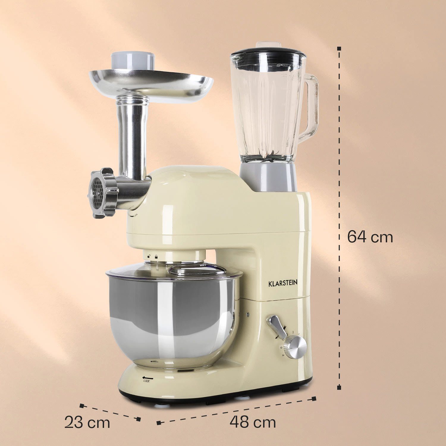 Klarstein Crème Teigknetmaschine Morena, Kochfunktion 2000 Fleischwolf mit Küchenmaschine Schüssel, Teigmaschine Knetmaschine Lucia 5.2 Rührmaschine l W,