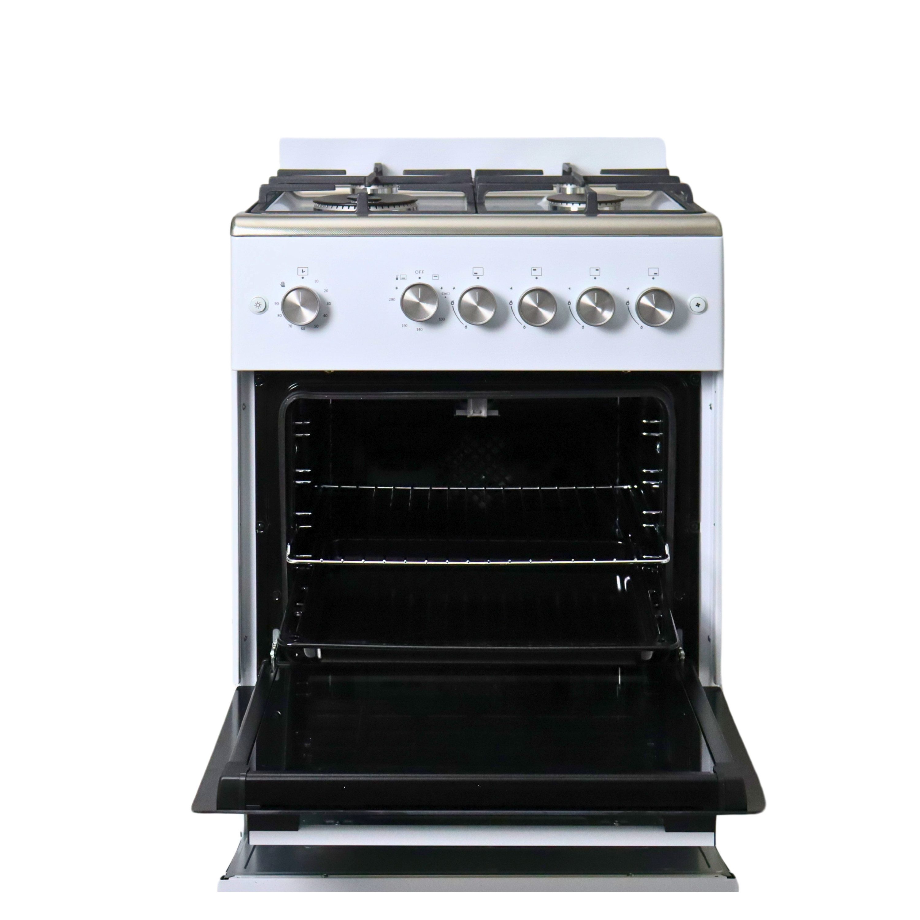 Gasline Gas-Standherd Gasbackofen mit Thermostat, 60cm breit SHGG6060FGWW, mit Grill, Umluft und Backofenbeleuchtung, Weiß / Strukturiertes Edelstahl-Kochfeld, elektrische Zündung, Erdgas Propangas