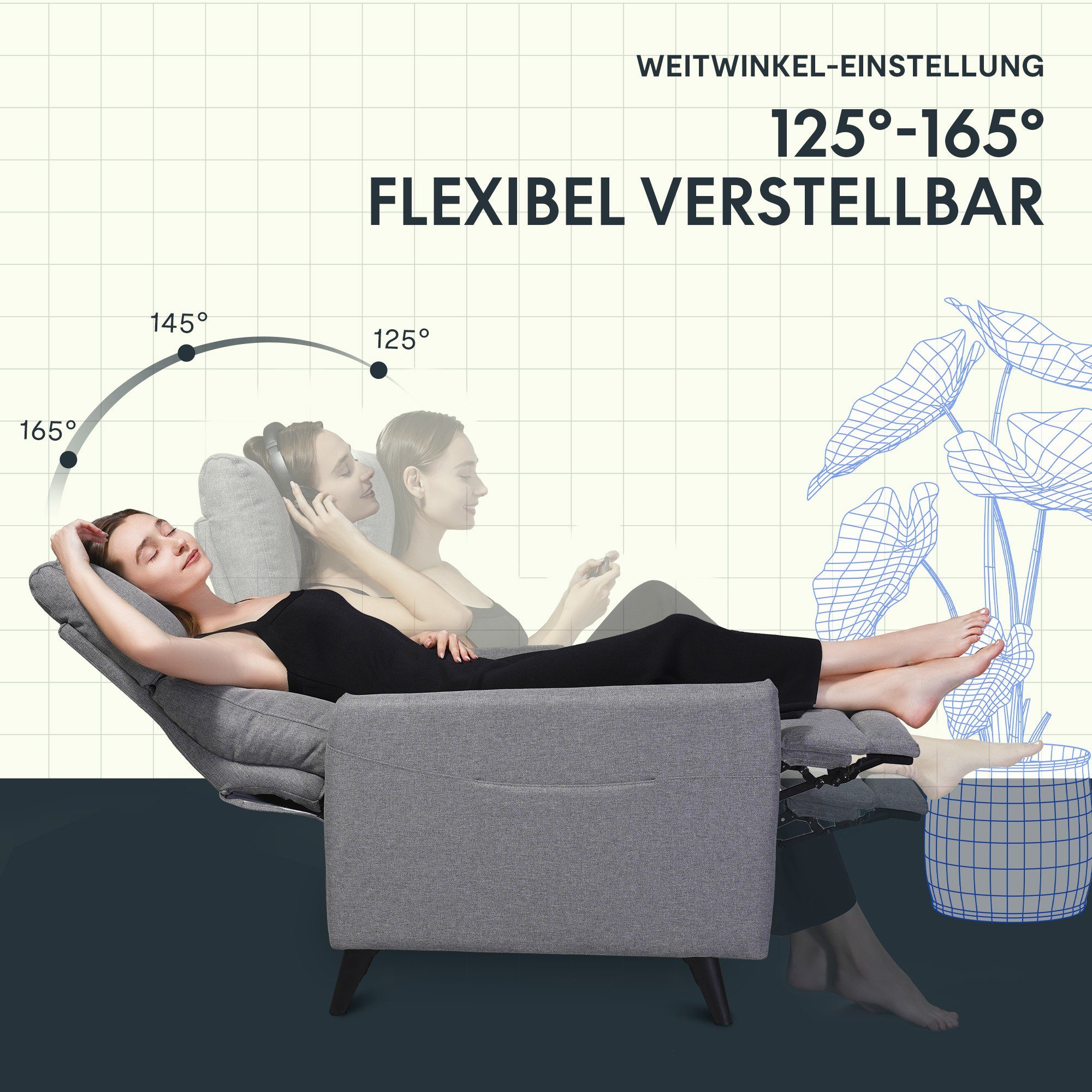 Sessel Fernsehsessel XC1 verstellbar (Weich gepolsterte Komfort), Perfektes für Hellgrau Stoff FLEXISPOT Flexibel 125°-165° Rückenlehne, Design