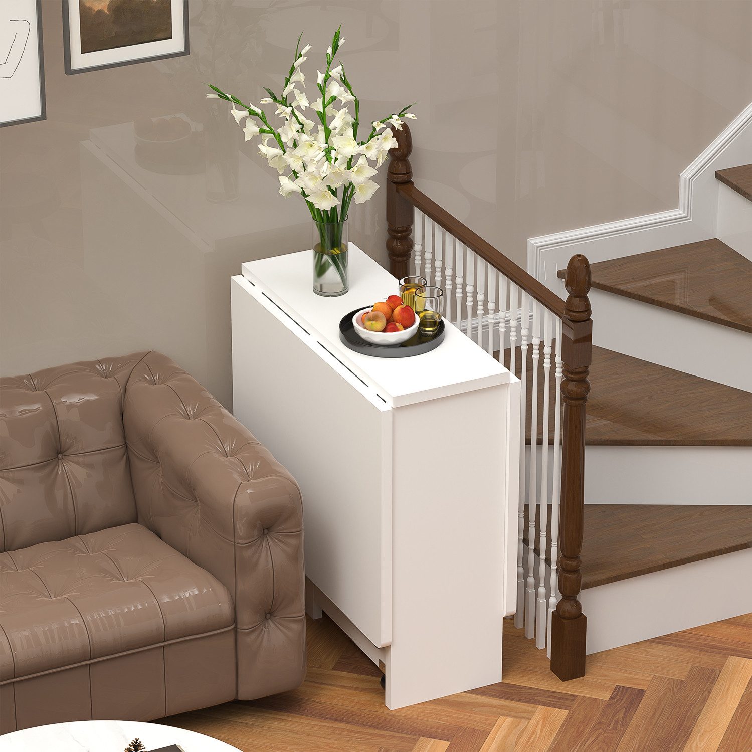 oyajia Klapptisch Esstisch Klappbarer Tisch mit Offenen Ablagen und Riemenscheibe (für Kleine Räume, Esszimmer 140 x 75 x 74 cm, Weiß), Küchentisch vielseitiger Tisch