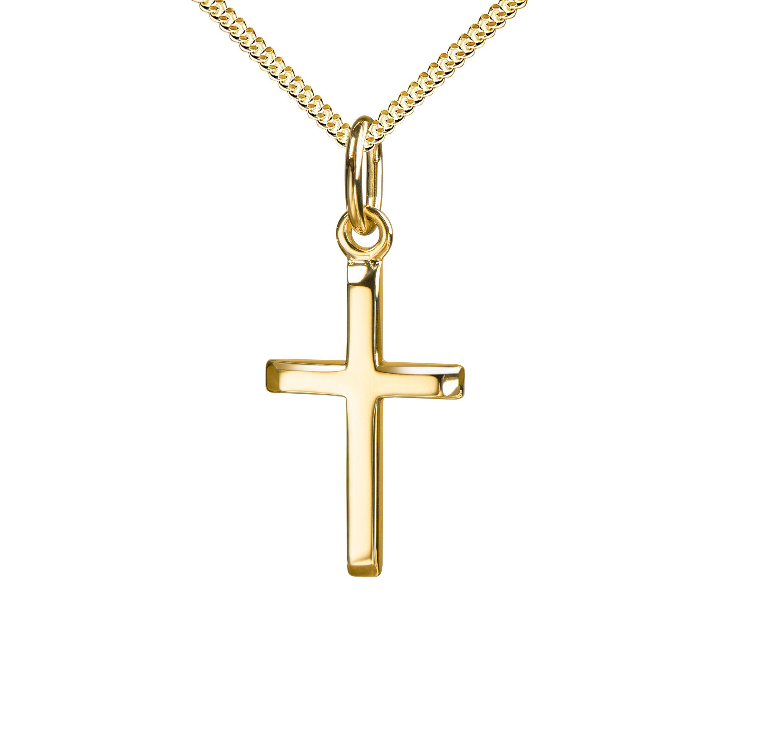 JEVELION Kreuzkette kleiner Kreuz Anhänger 750 Gold - Made in Germany (Goldkreuz, für Damen und Herren), Mit Kette vergoldet - Länge wählbar 36 - 70 cm.