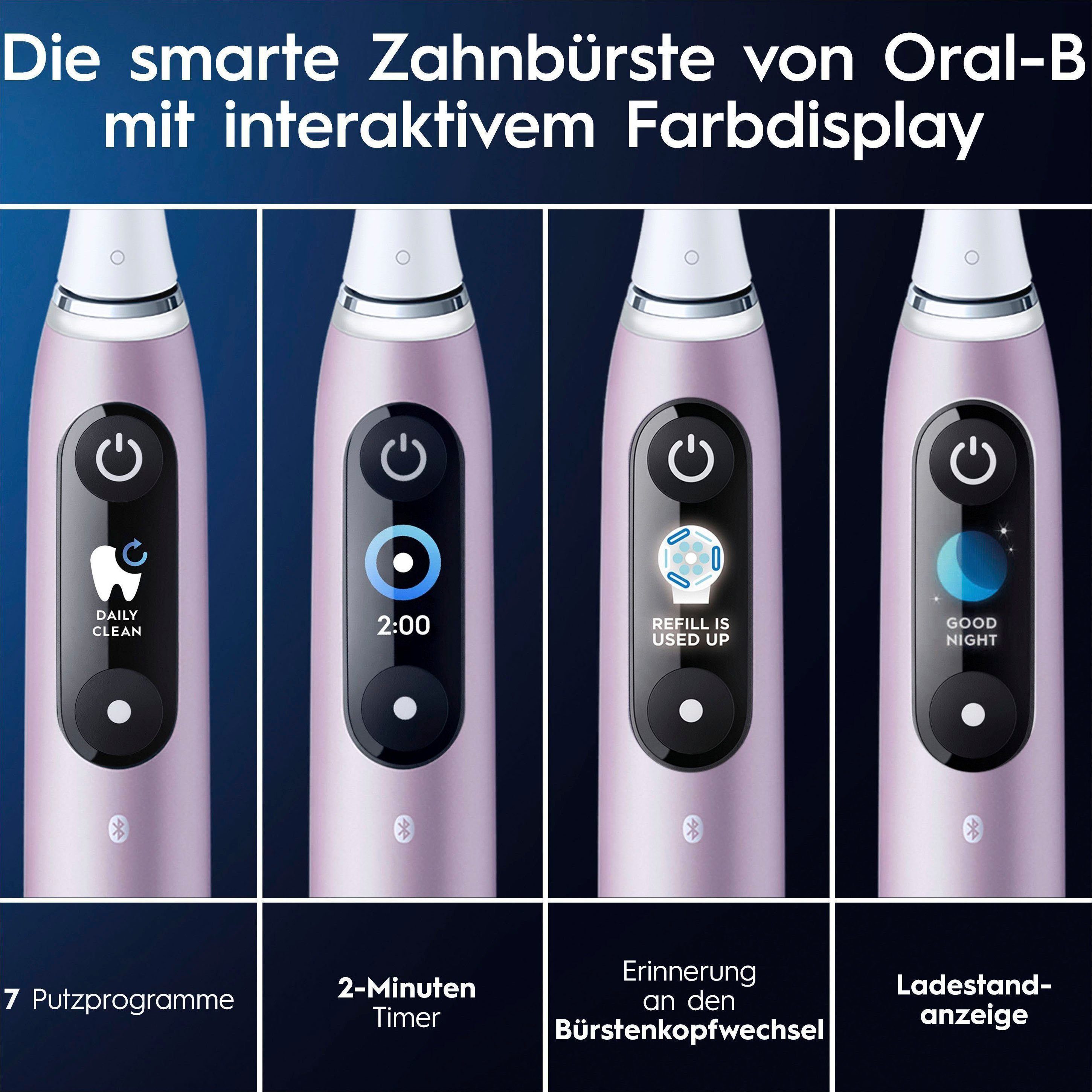 Oral-B Elektrische Zahnbürste iO mit 2 Magnet-Technologie, Lade-Reiseetui & 7 Aufsteckbürsten: Rose Farbdisplay Quartz Putzmodi, St., 9