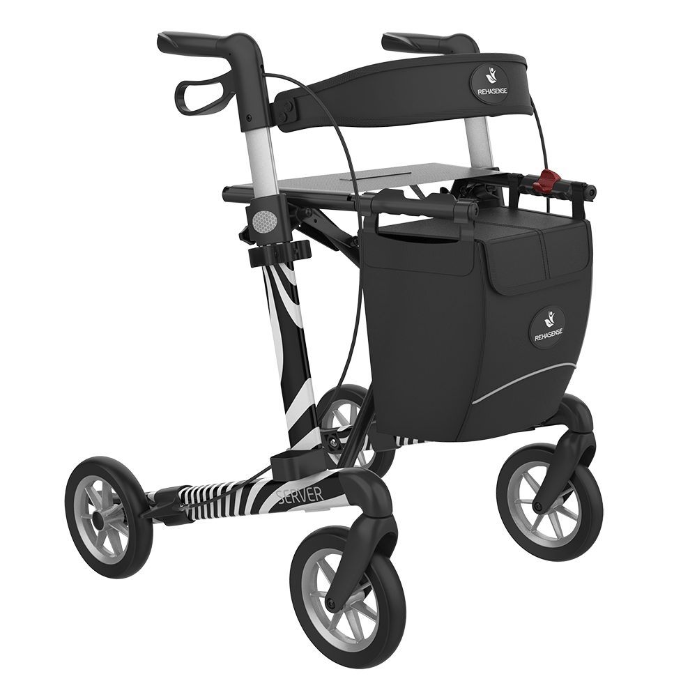 Rehasense Rollator Server Zebra Pattern Art Line, Leichtgewichtrollator mit Rückenstütze, inkl. Stockhalter & Rückengurt