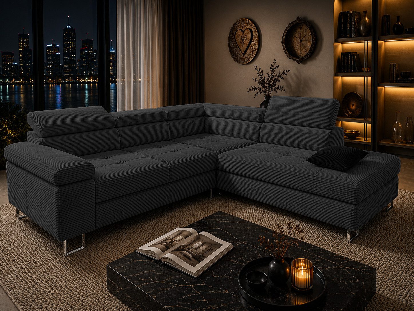 Goldstoff Ecksofa mit Schlaffunktion, Cord Couch für Wohnzimmer - Cord Ecksofa, Cord Sofa VOYAGE 2 Teile, Großer Bettkasten