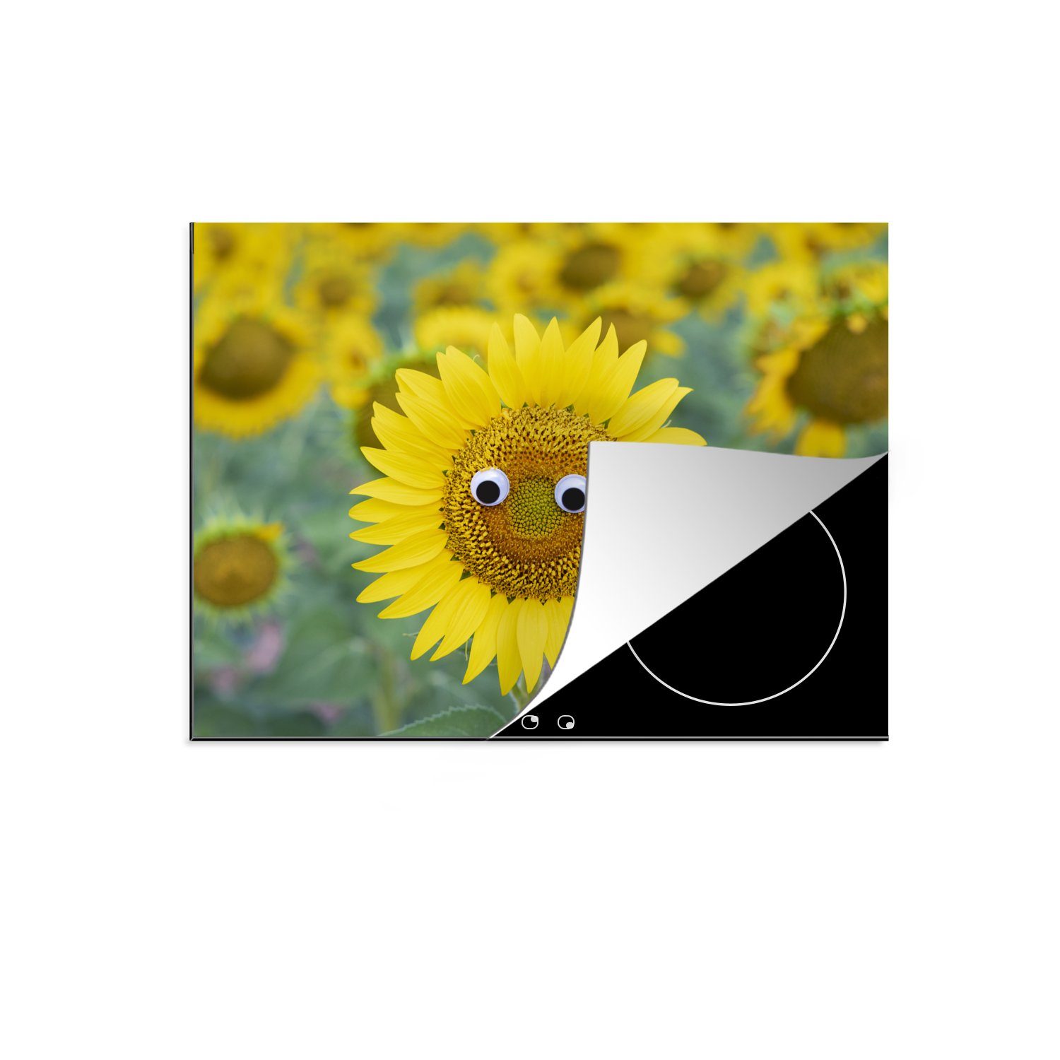 MuchoWow Herdblende-/Abdeckplatte Sonnenblume mit komischem Gesicht, Vinyl, (1 tlg), 70x52 cm, Mobile Arbeitsfläche nutzbar, Ceranfeldabdeckung