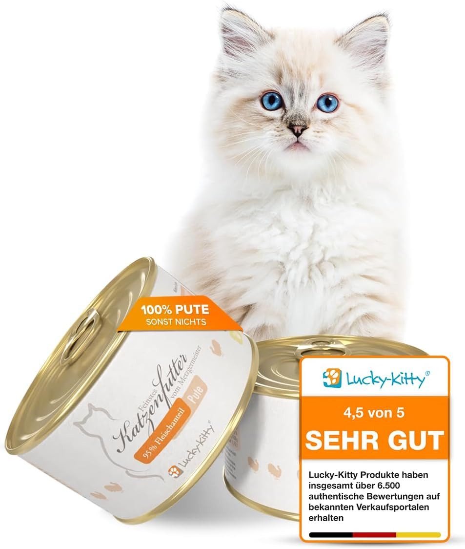 Lucky-Kitty Katzenfutter Pute, Metzgerqualität, Nassfutter für: Katzen, 95% Fleischanteil, ohne Getreide, Zucker oder Füllstoffe