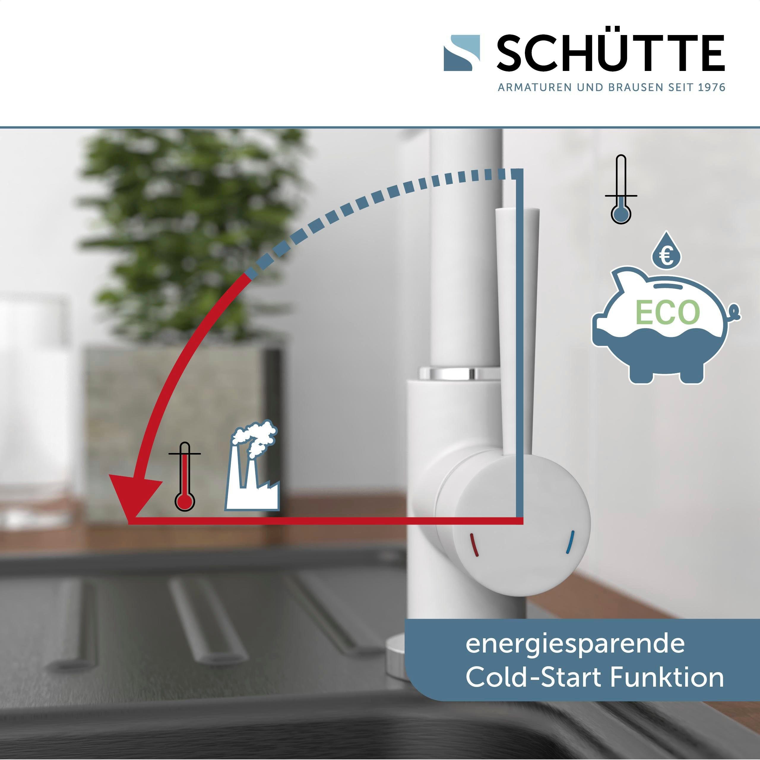 Schütte Spültischarmatur CORNWALL energiesparender Cold-Start, 360° schwenkbare Mischbatterie, Hochdruck weiß-chrom