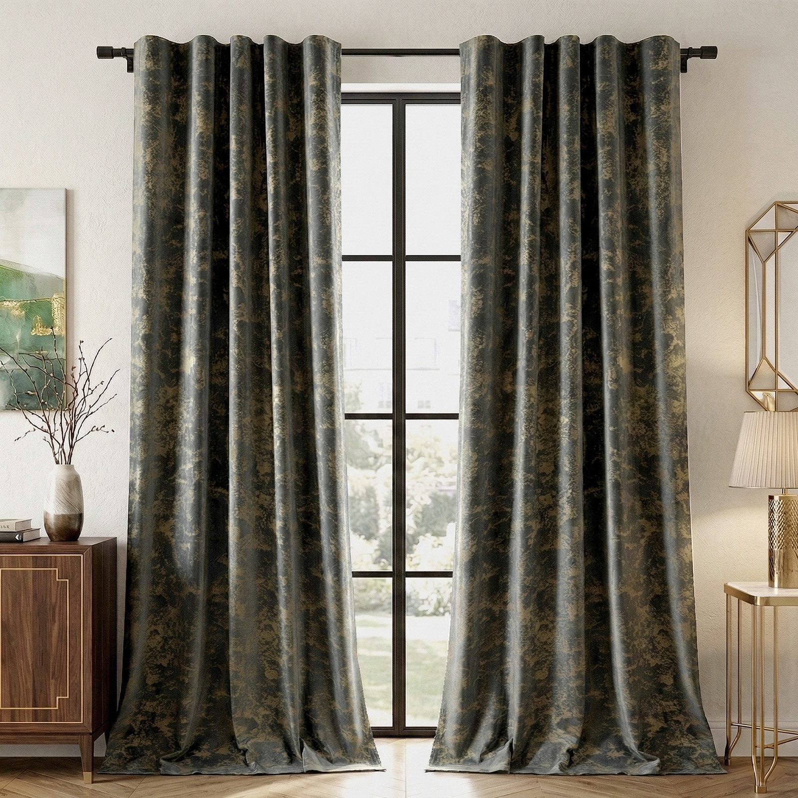 Lapamax Verdunkelungsvorhang Samt-Verdunkelungsvorhang im 2er-Set, 132 cm breit, mit Goldprint (2 St), Multifunktionsband, blickdicht, Samt, Multifunktionsband mit Bindebändern, schonend waschbar und praktisch