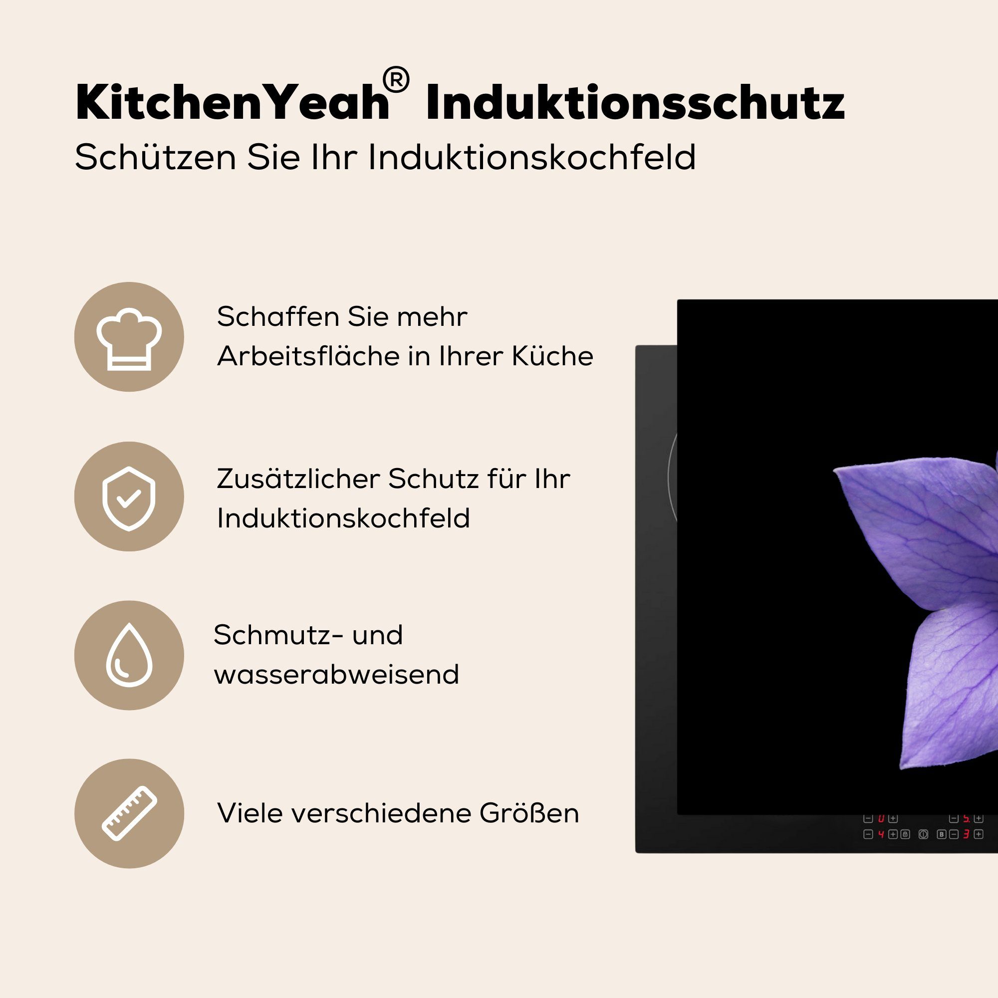 MuchoWow Herdblende-/Abdeckplatte Form Blumen Schutz - Lila, tlg), küche, Induktionskochfeld - Vinyl, 81x52 Ceranfeldabdeckung cm, (1 für die