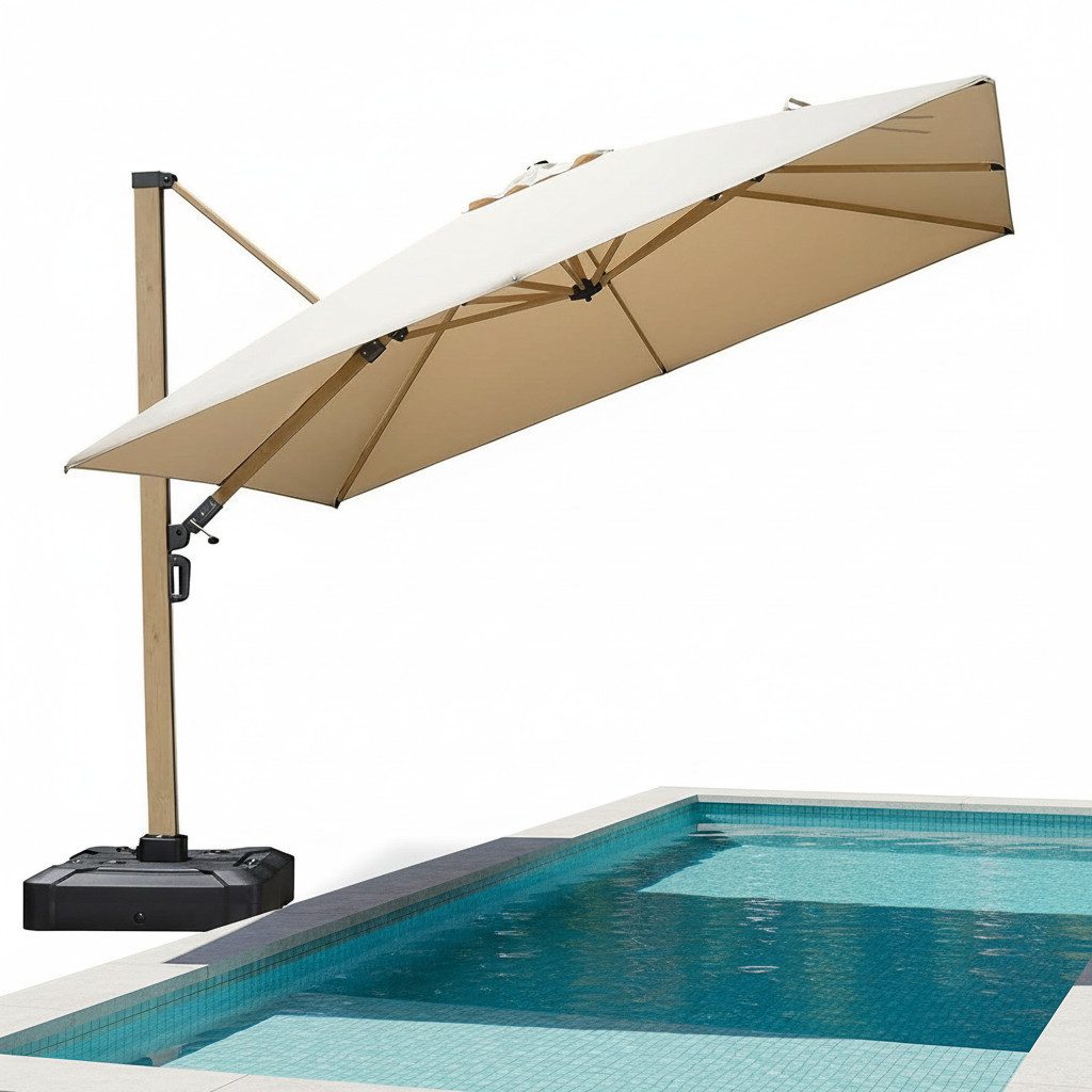 PURPLE LEAF Sonnenschirm Großer windfester quadratischer Ampelschirm, Teak-Aluminiumgestell, LxB: 300,00x300,00 cm, Helle Holzmaserung, 360° drehbar, höhenverstellbar, UV-beständig, 360° drehbar