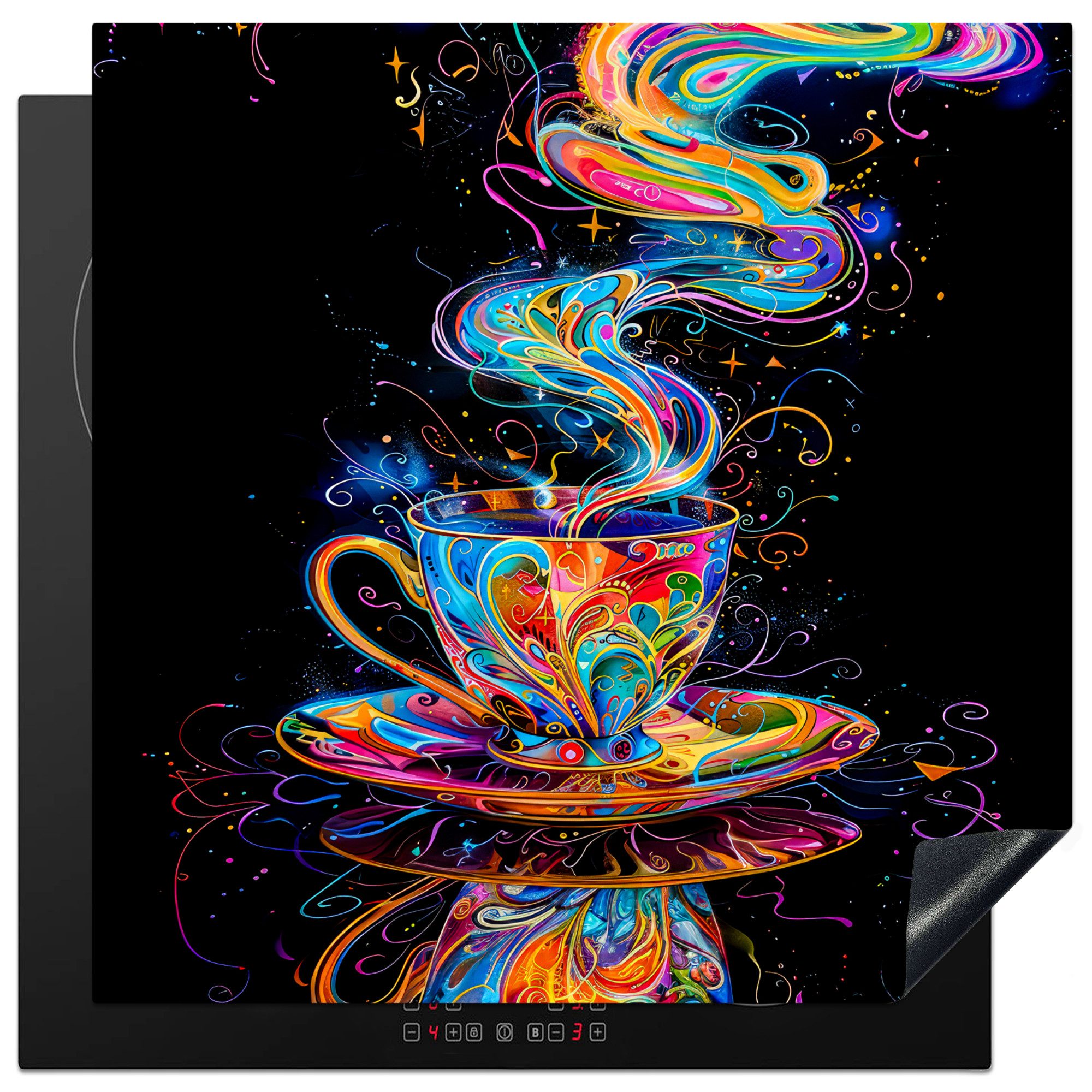 MuchoWow Herd-Abdeckplatte Kaffee - Bunt - Tasse - Schwarz, Vinyl, (1 tlg), Küche Herdabdeckung Ceranfeld Induktionsfeld Vinyl, 60x60 cm