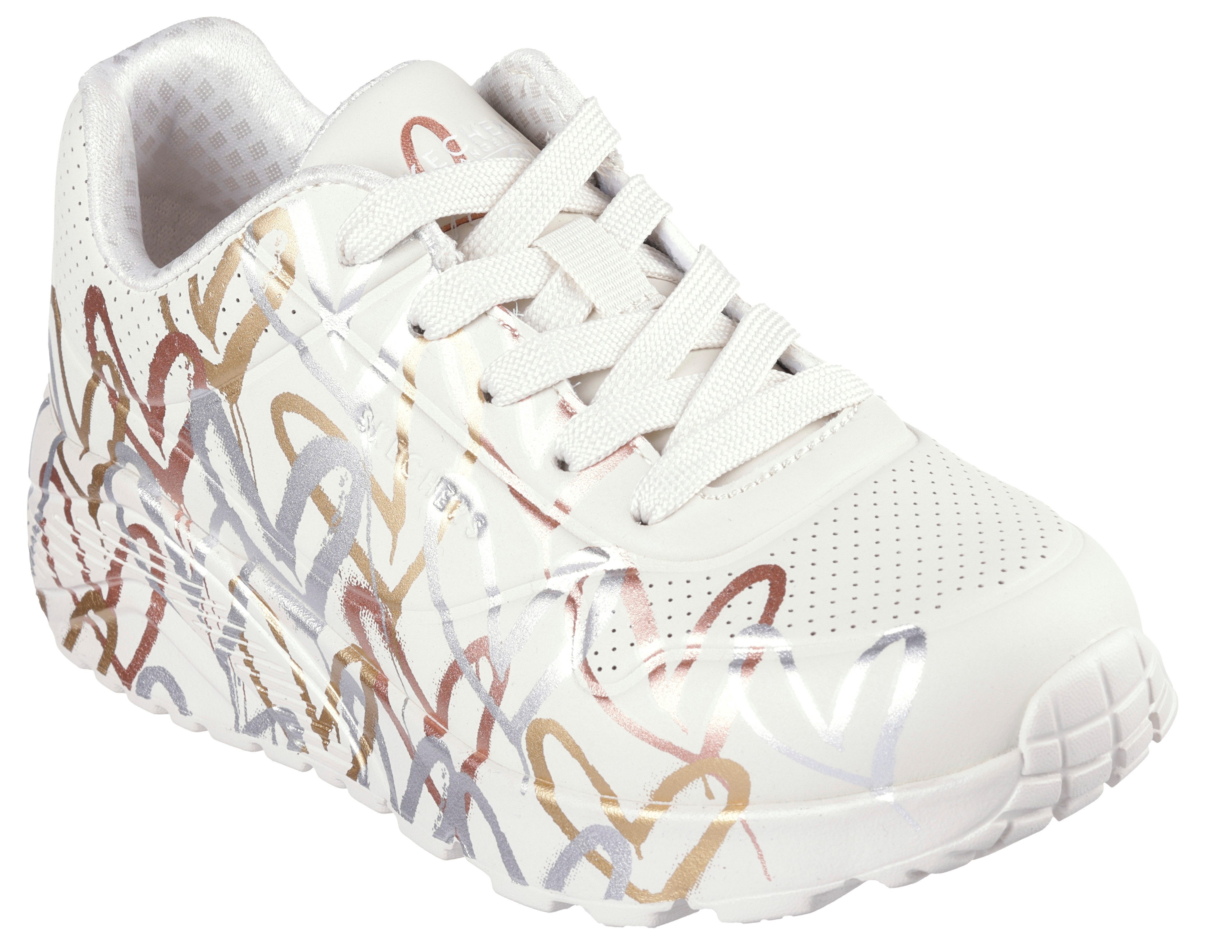 Skechers Skechers x JGoldcrown: Uno Lite - Metallic Love Plateausneaker, Schnürschuh, Keilsneaker mit Herzchen im Metallic Look bedruckt
