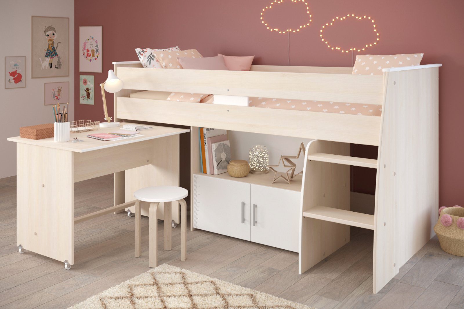 Parisot Hochbett Charly (Kinderbett mit Stauraum und Schreibtisch, 90 x 200 cm) kein Lattenrost erforderlich