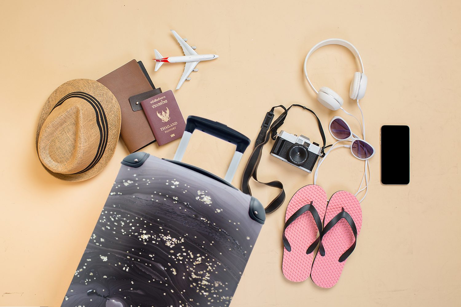 Reisetasche mit Luxus Reisekoffer Trolley, Glitzer, rollen, Ferien, MuchoWow Marmor Rollen, - Handgepäckkoffer 4 - für Handgepäck