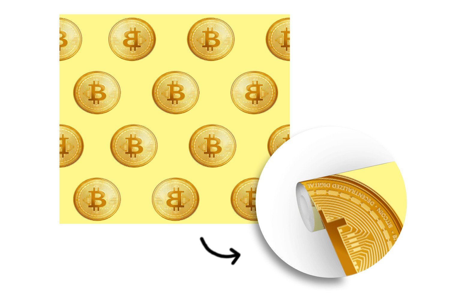 MuchoWow Fototapete Bitcoin Wandtapete Muster (5 Tapete St), - Gold Gelb, Vinyl - bedruckt, Schlafzimmer, oder für - Matt, Wohnzimmer