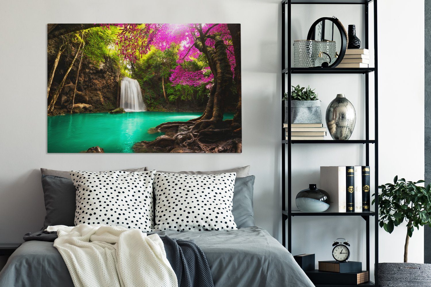 großes, OneMillionCanvasses® Wandbild und bunten - mit (1 - St), alle Bäumen Leinwandbild Dschungel, Gemälde, Natur cm Wasserfall für Wohnbereiche, 120x80 XXL, Blumen