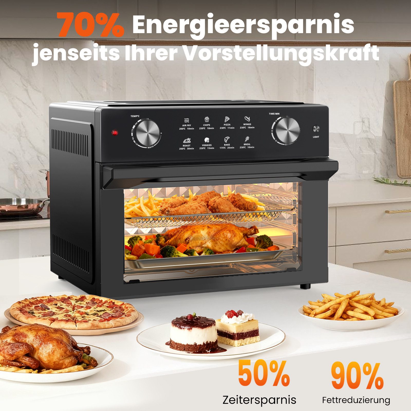 Azmsary Multiofen 360° Heißluft für gesunde, knusprige Gerichte ohne Fett, Zwei Drehknöpfe, vier Ebenen, mehr Essen auf einmal zubereiten.