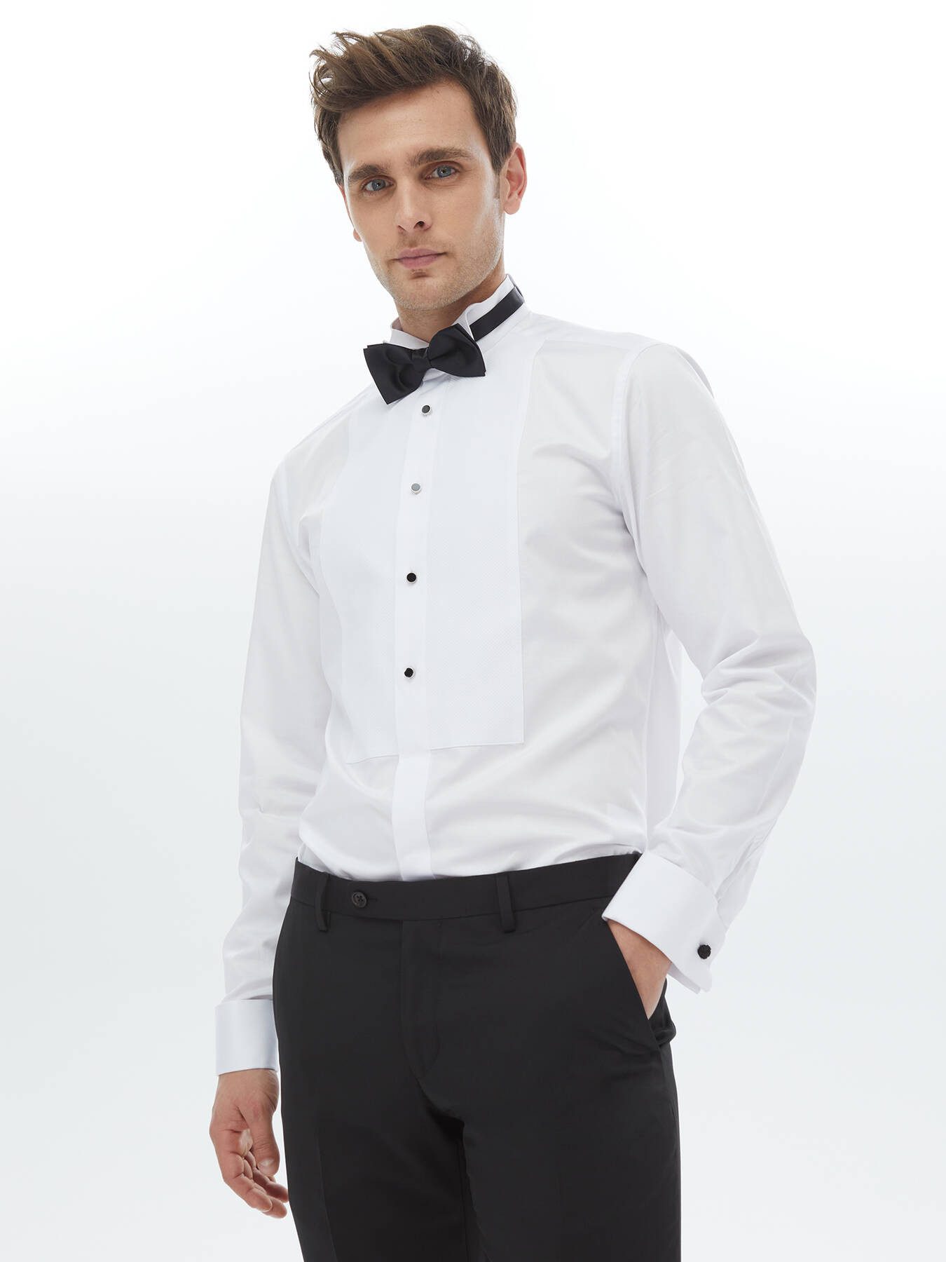 Langarmhemd Weißes Slim Fit Doppel-Manschetten Smokinghemd