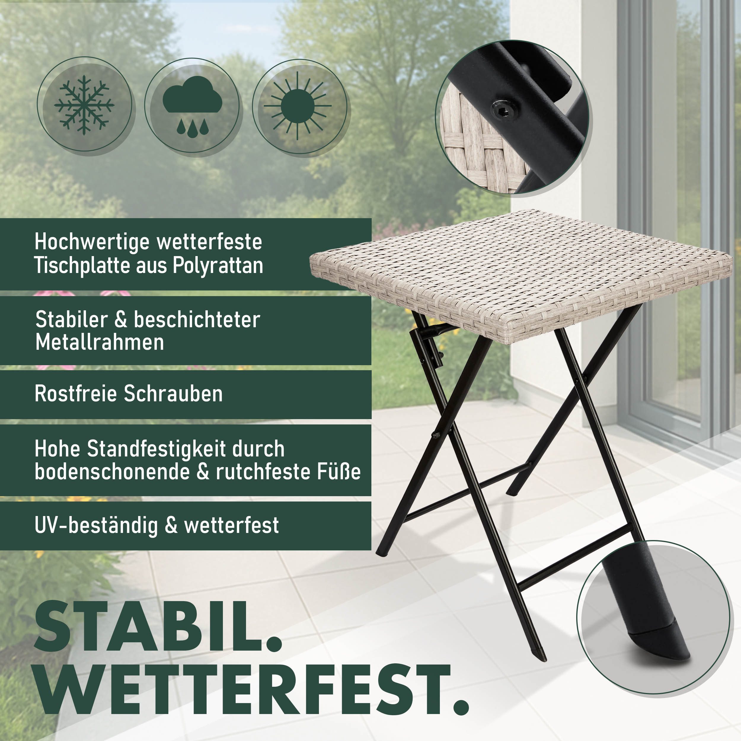 BRUBAKER Gartentisch Lugano - 58 x 58 cm Balkontisch wetterfest aus Polyrattan & Metall (1-St., Beistelltisch klappbar - Campingtisch eckig), Klapptisch für Bal – Bild 2 von 5