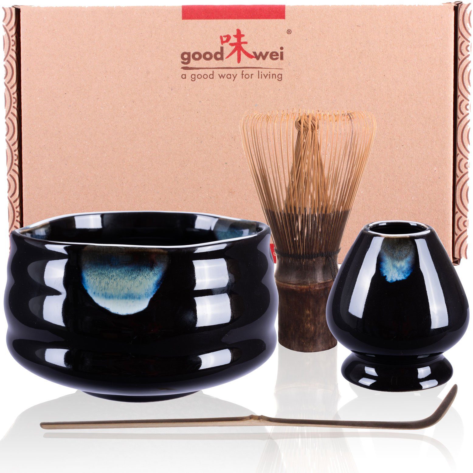 "Kuro" Matcha-Set 80 Black (4-tlg), und Teeservice mit Goodwei Keramik Matchabesen Besenhalter Teeschale,