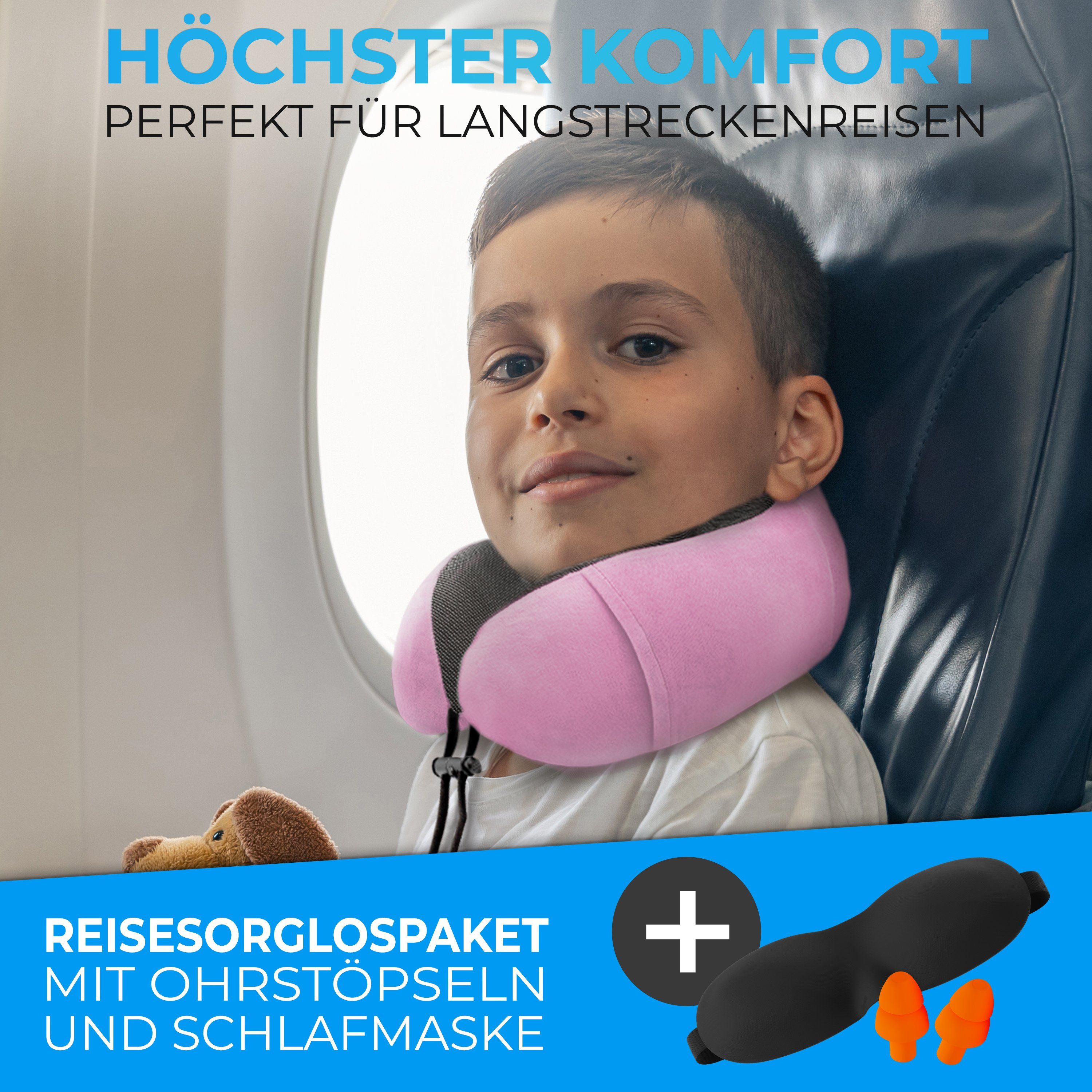 Styngard Nackenkissen Kinder Reisekissen, aus Memory-Foam inkl. Schlafmaske und Ohrstöpsel