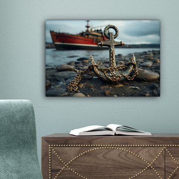 OneMillionCanvasses® Leinwandbild Anker - Boot - Wasser - Steine - Maritim, (1 St), Wandbild Leinwandbilder, Aufhängefertig, Wanddeko, 30x20 cm