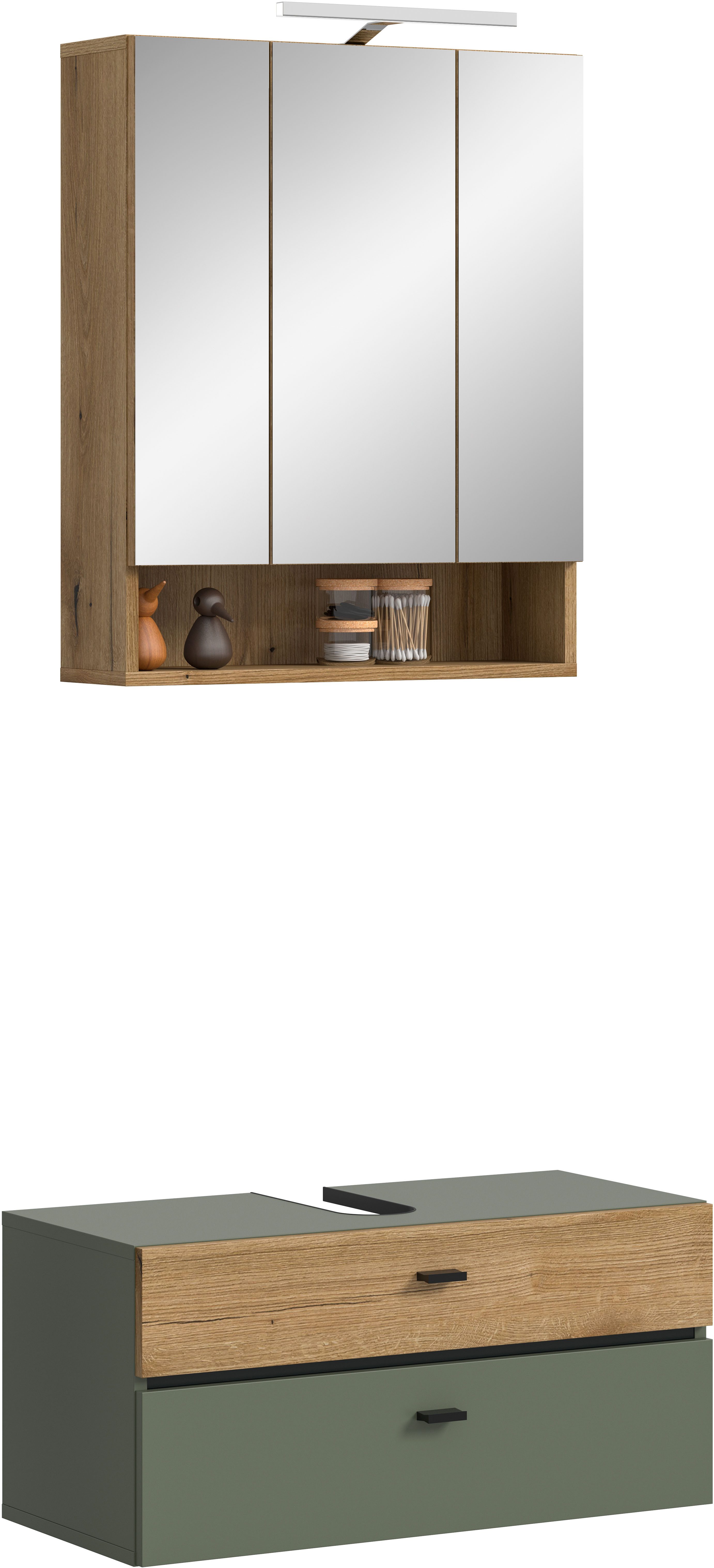 welltime Badmöbel-Set VANN, 2-teilige moderne Badkombination, inkl. Beleuchtung, (2-St., 1x Waschbeckenunterschrank, 1x Spiegelschrank inkl. Beleuchtung), Bad-Kombination, Bad-Möbel, Badezimmer, Kombination, Kombi, Bad-Set