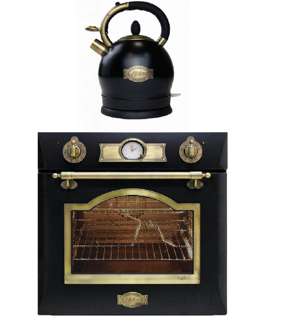 Kaiser Küchengeräte Einbaubackofen EH 6355 Em+WK 2000 Em, mit 1-fach-Teleskopauszug, Retro Elektro Einbau Backofen Autark 60cm 67L 8 Funktionen in Schwarz