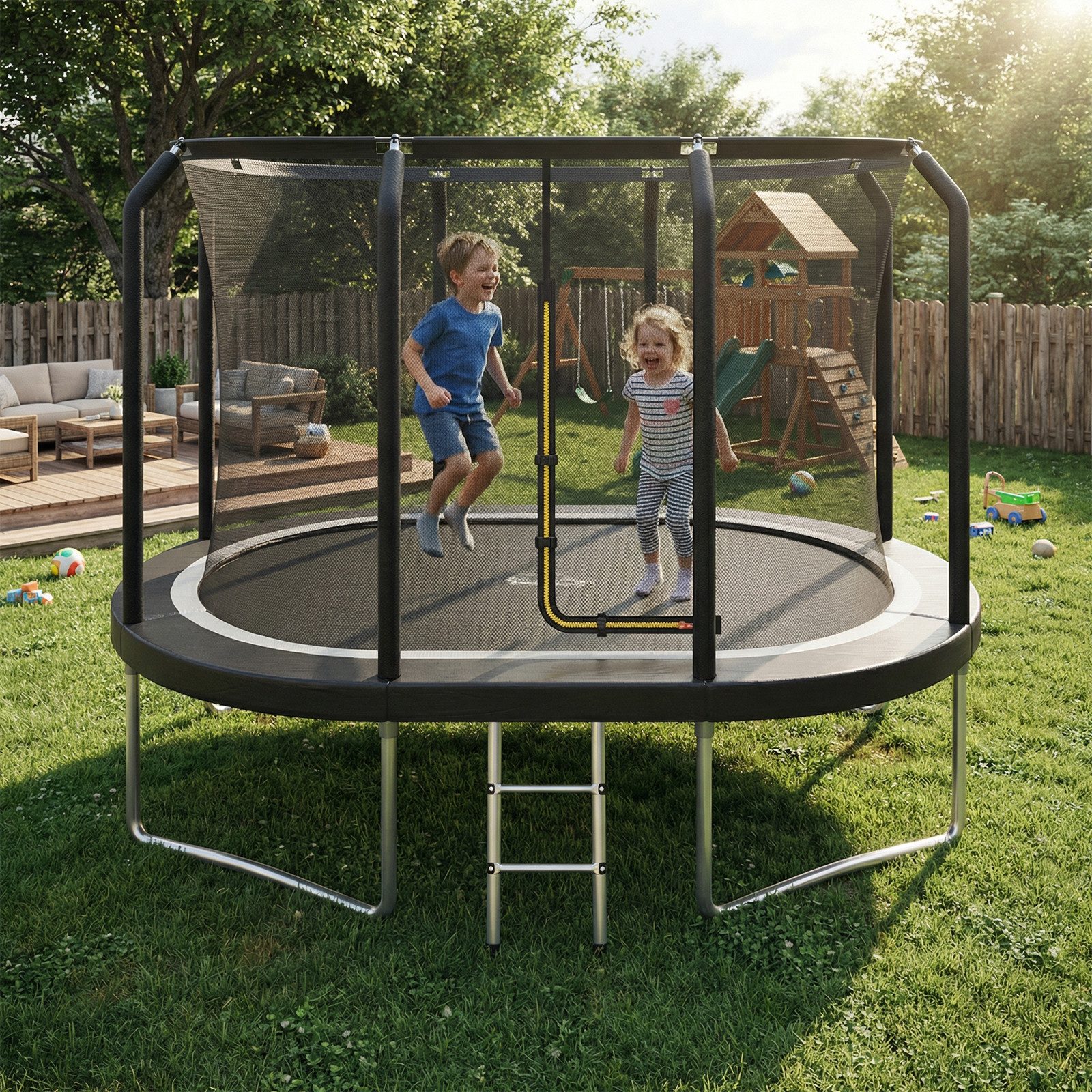 HOMALL Gartentrampolin Gartentrampolin 305 cm x 214 cm / 366 cm x 244 cm, ovales Trampolin, Ø 366 cm, (Outdoor-Trampolin mit Sicherheitsnetz, Leiter und Federn, für Kinder geeignet, Tragkraft 150 kg)