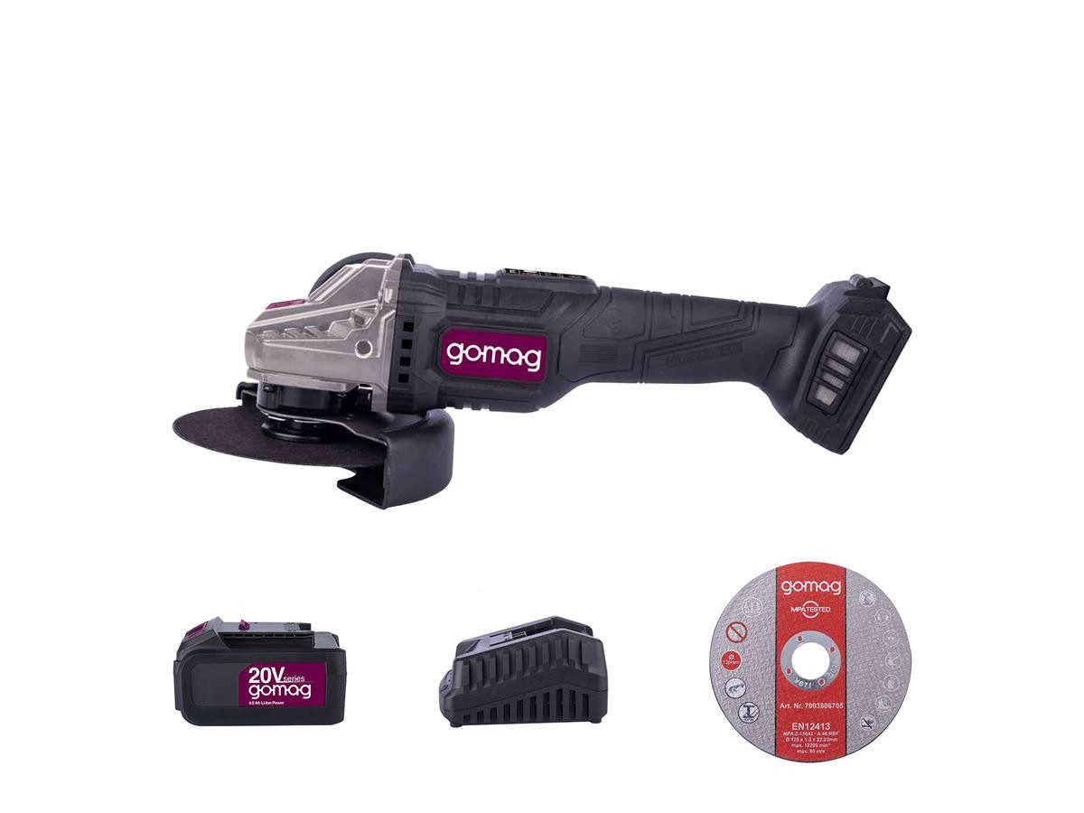 Gomag Akku-Winkelschleifer GO-WS125BL 1x4,0 Ah Akku, 4,5 A Ladegerät, 12 Trennscheiben, max. 10000 U/min, (Set), Einfacher Werkzeugwechsel durch Spindelarretierung