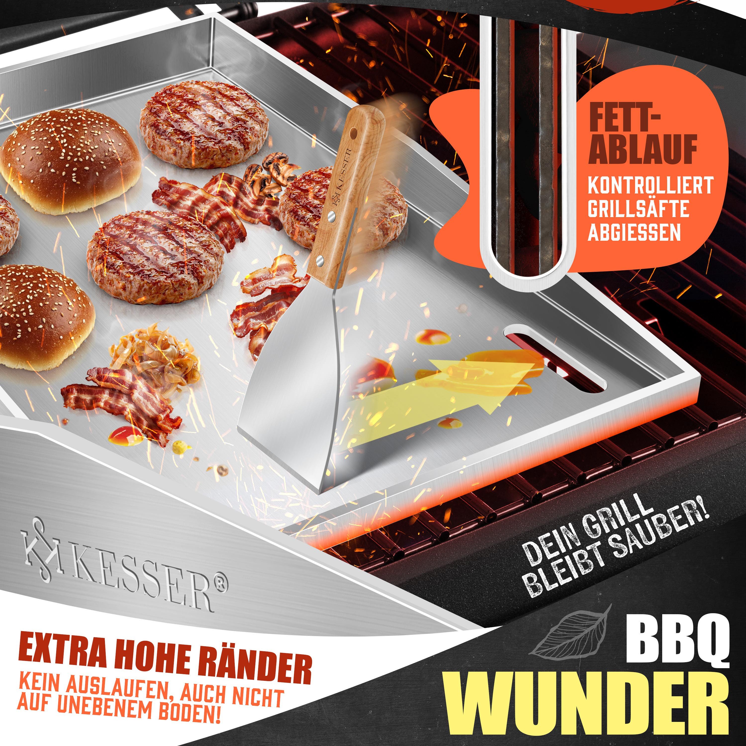 KESSER Grillplatte Plancha aus Edelstahl hitzebeständig bis 800°C (inklusive 2 Spatel, Grillschürze, Grillmatte & Rezeptbuch), Grill Platte für Gas- & Holzkohle – Bild 4 von 5